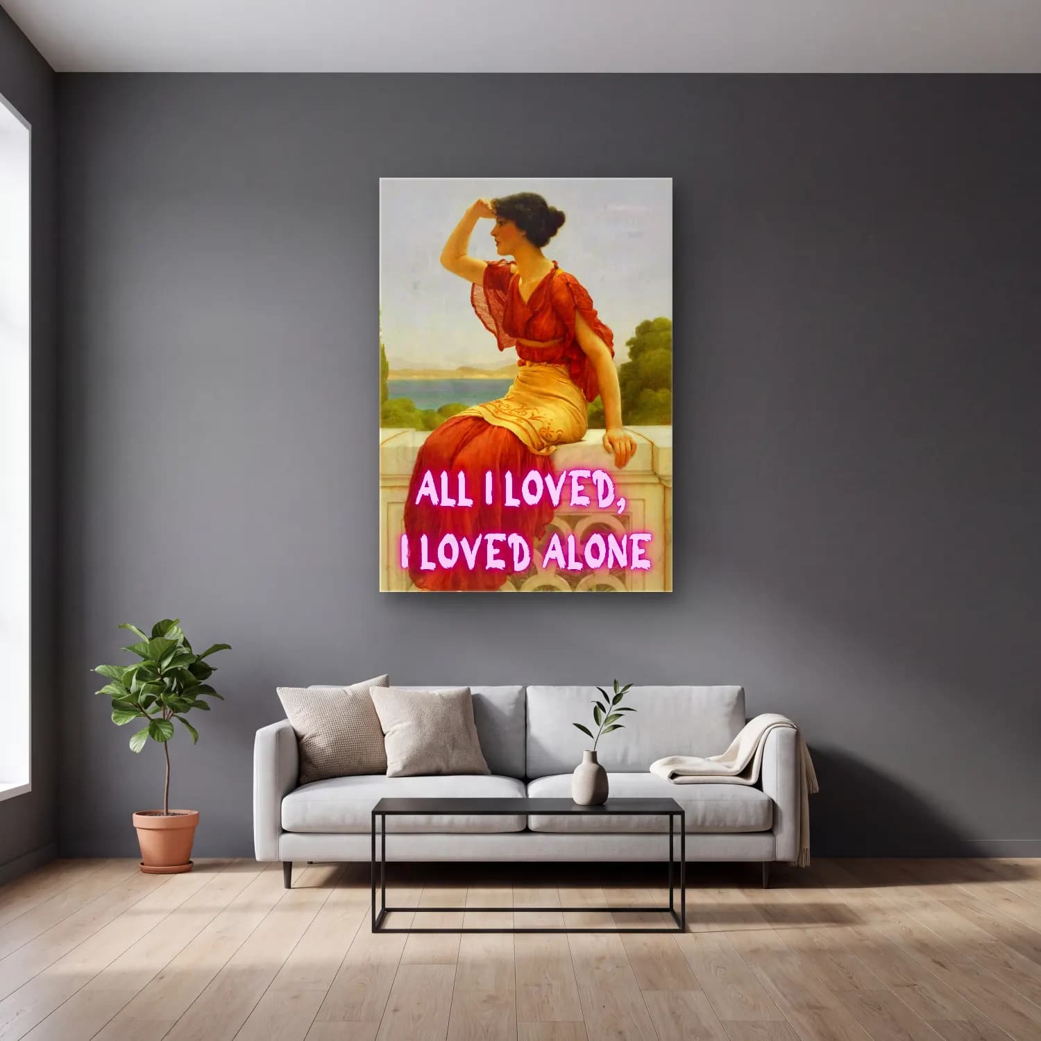 Vintage Poster Kitap Okuyan Kadın No. 8 cam tablo — gri duvarlı salonda
