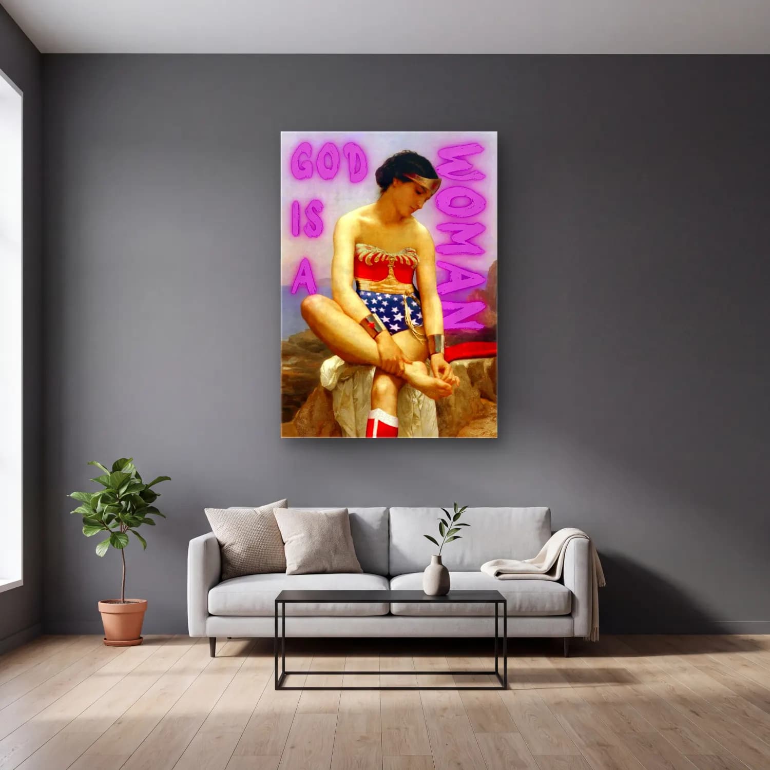 Vintage Poster Figür Çalışması – Pembe Tonlar cam tablo — gri duvarlı salonda