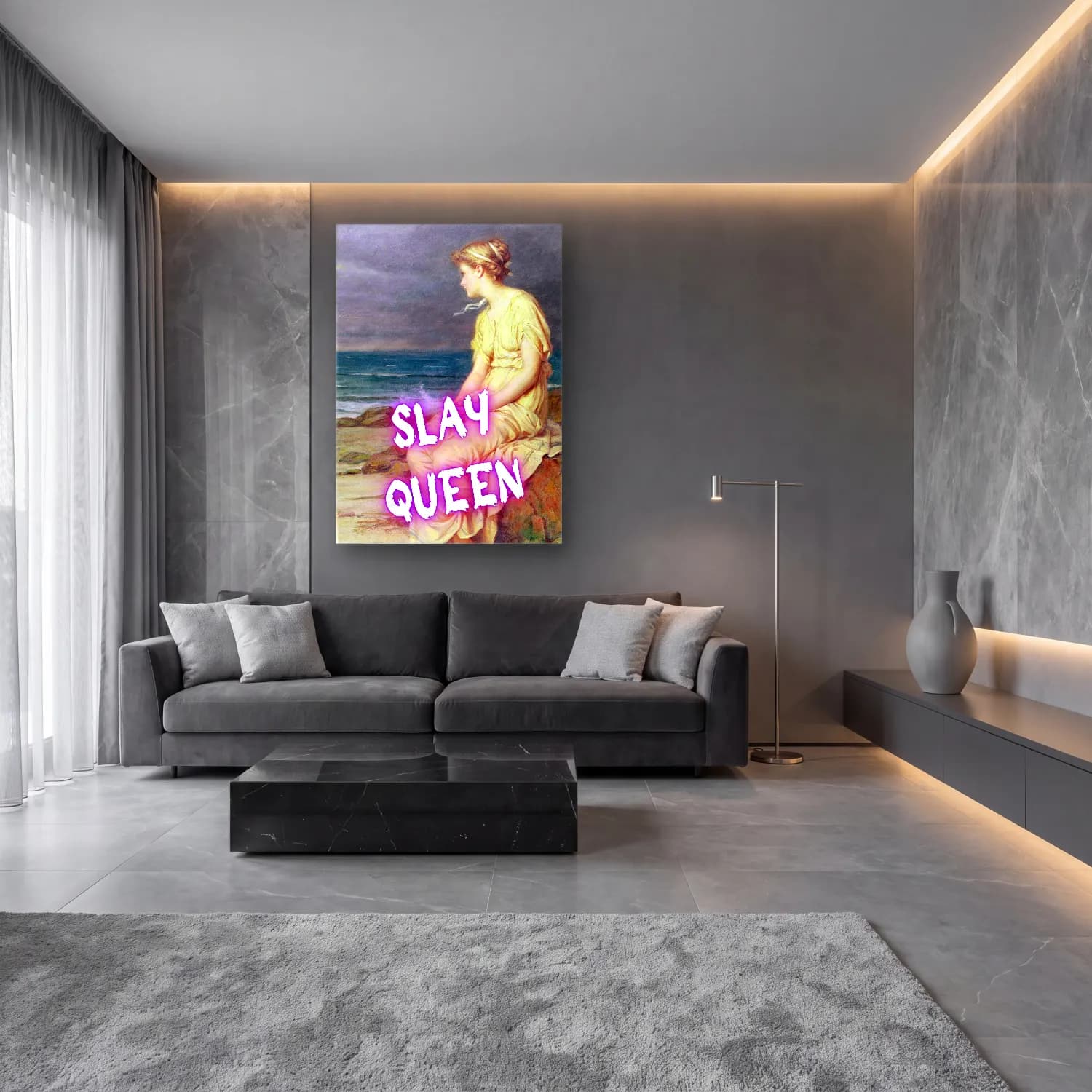 Pastel Yazılı Tasarım No. 7 cam tablo — lüks salon duvarında