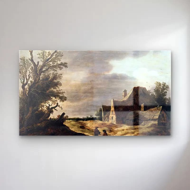 Jan van Goyen – Sandy Road with a Farmhouse – Bej Tonlar cam tablo — Jan van Goyen – Sandy Road with a Farmhouse – Bej Tonlar — yağlı boya kır evi