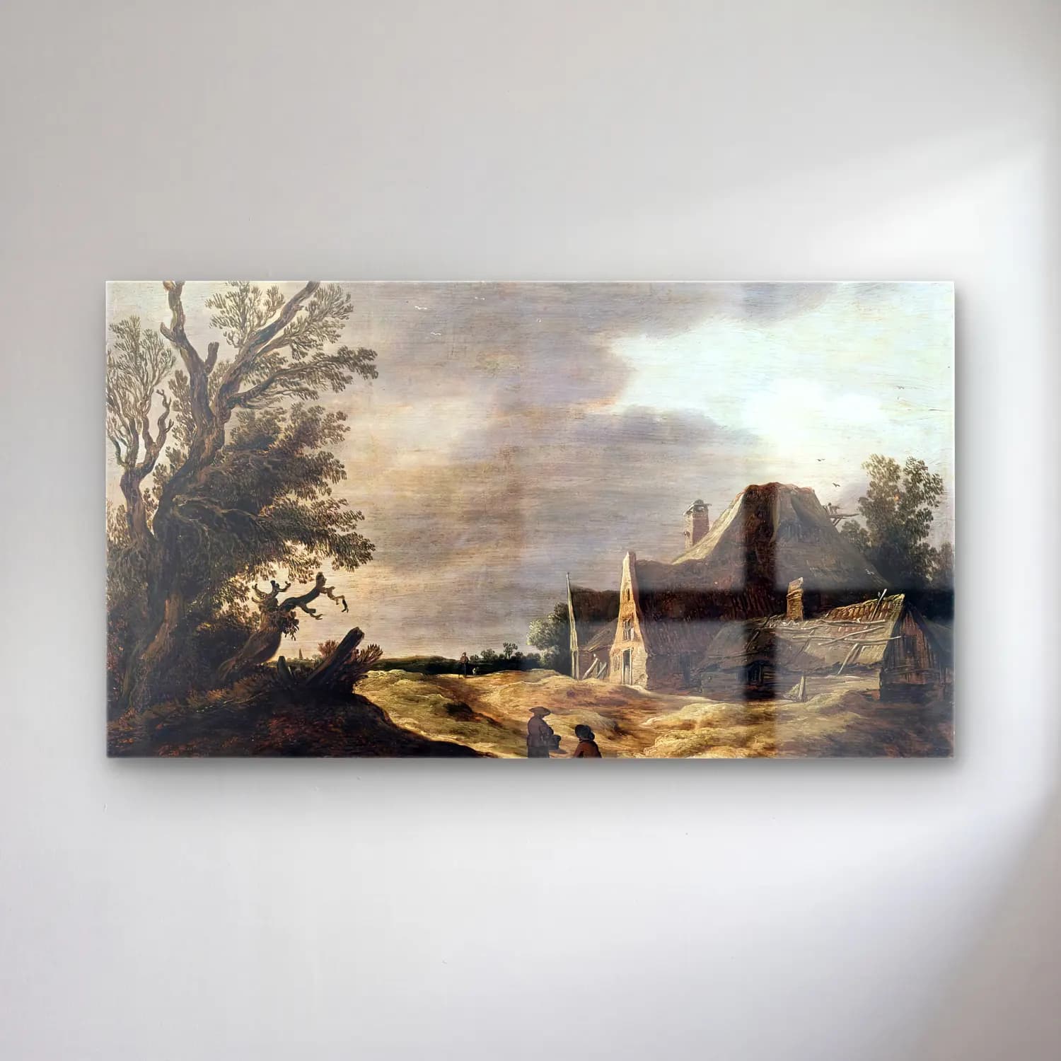 Jan van Goyen – Sandy Road with a Farmhouse – Bej Tonlar cam tablo — Jan van Goyen – Sandy Road with a Farmhouse – Bej Tonlar — yağlı boya kır evi