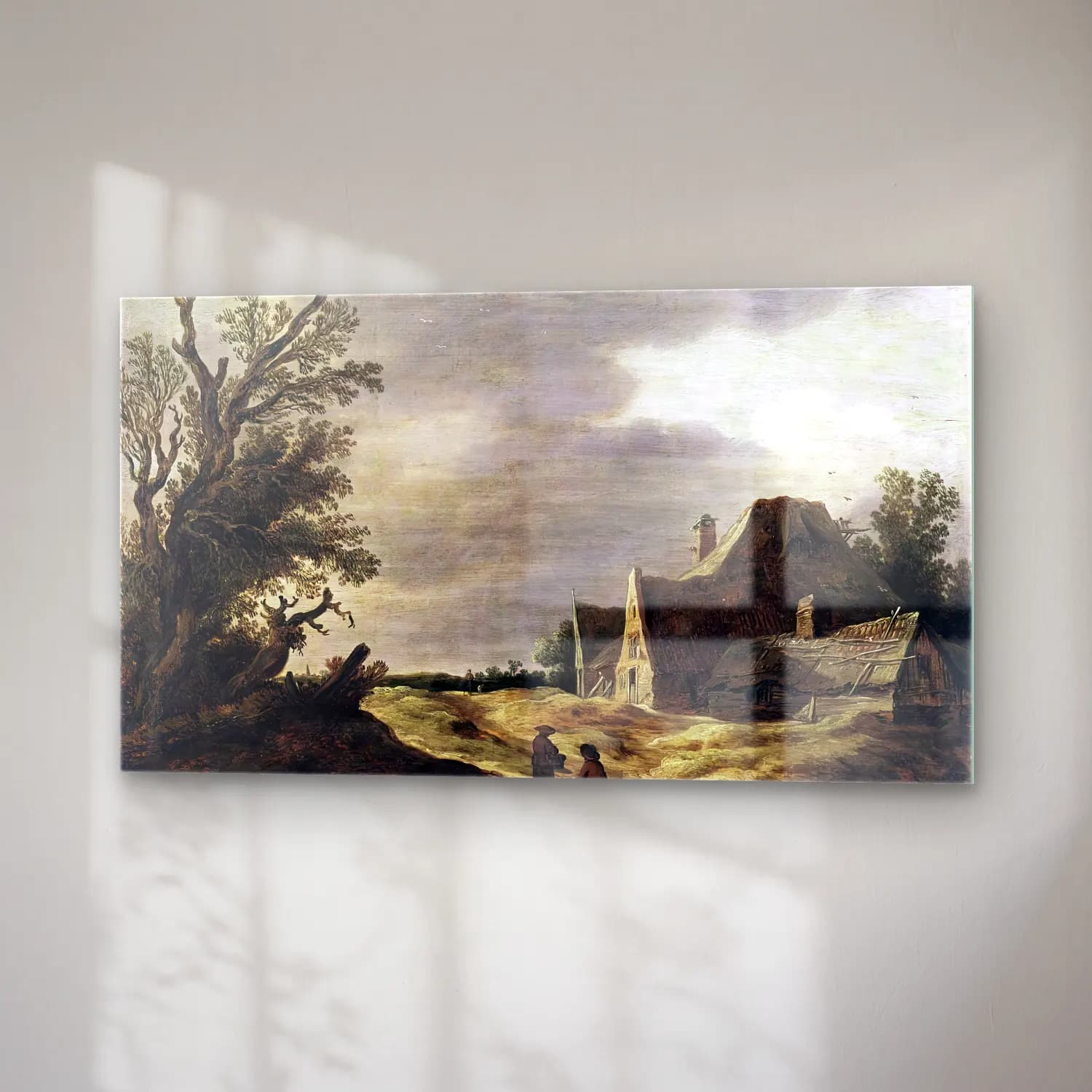 Jan van Goyen – Sandy Road with a Farmhouse – Bej Tonlar cam tablo — sağ açıdan görünüm