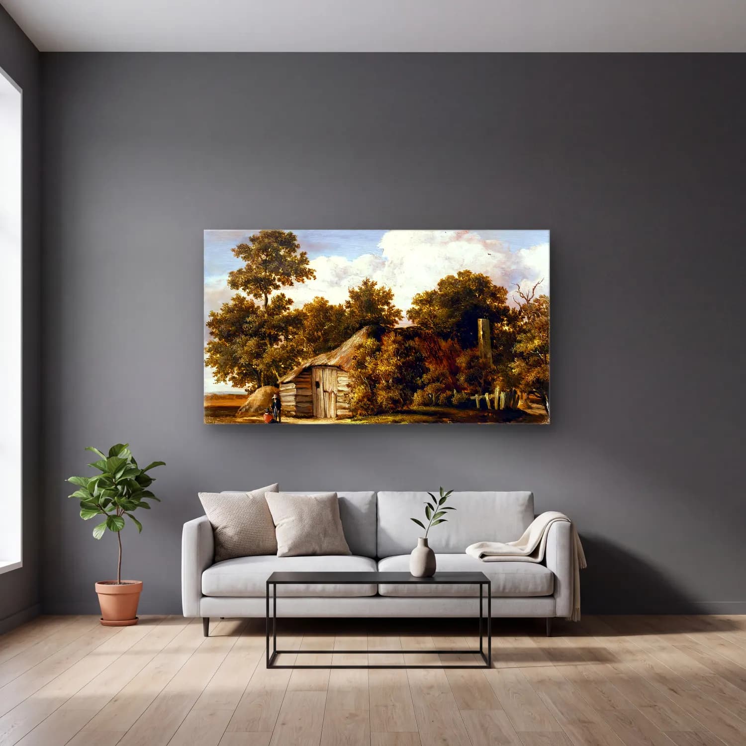 Meyndert Hobbema – Cottage at the Edge of a Wood cam tablo — gri duvarlı salonda