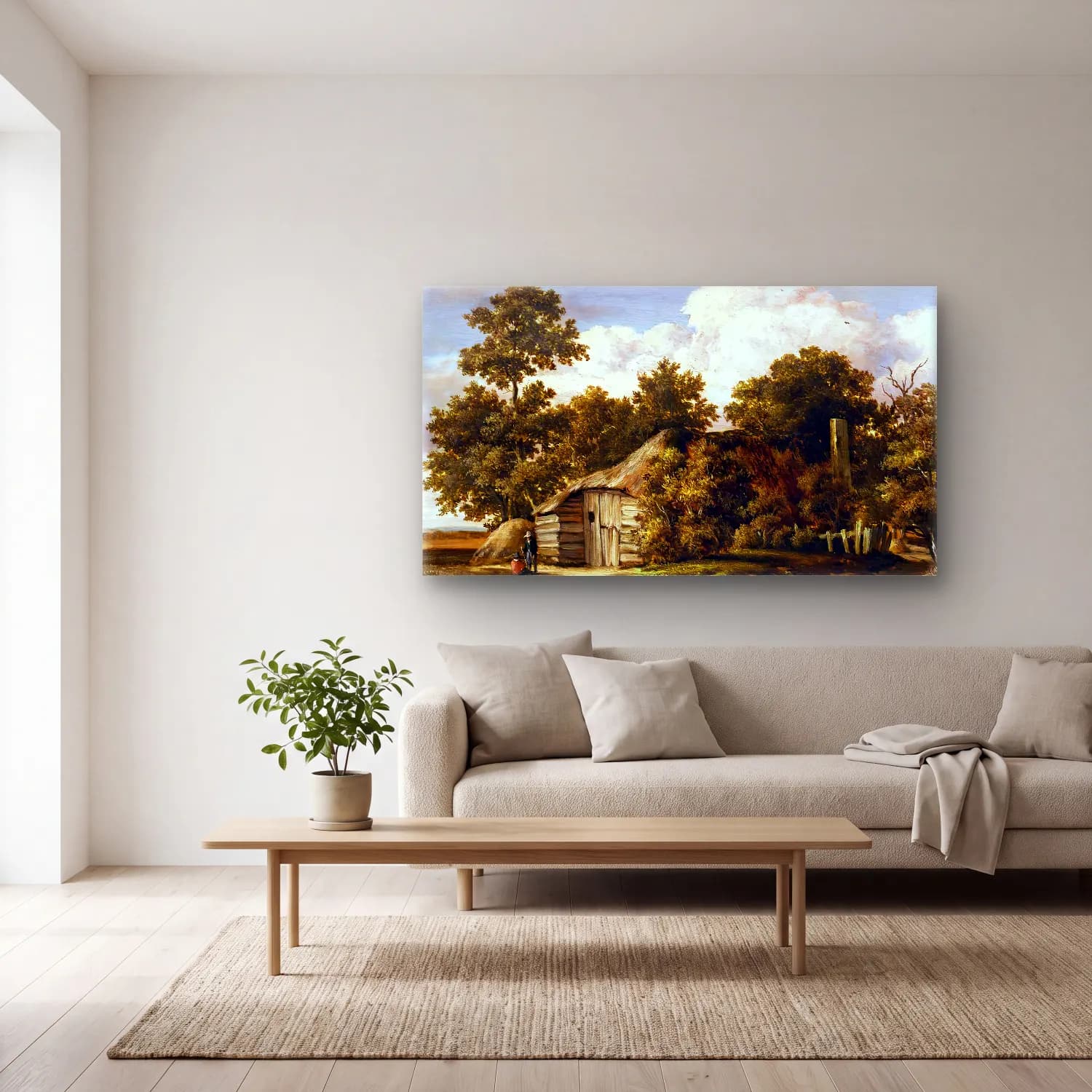 Meyndert Hobbema – Cottage at the Edge of a Wood cam tablo — açık renk salonda