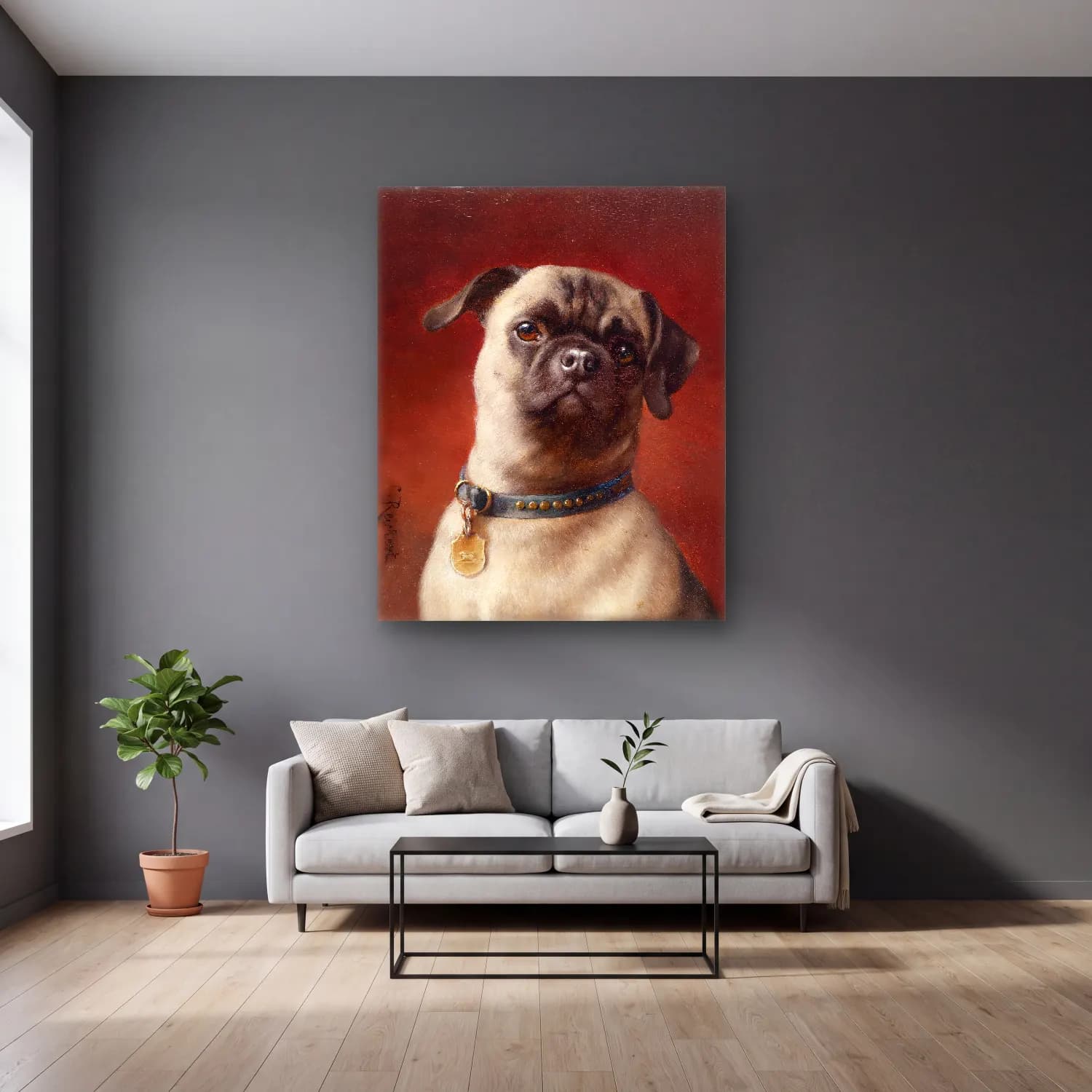 Carl Reichert – Mops cam tablo — gri duvarlı salonda