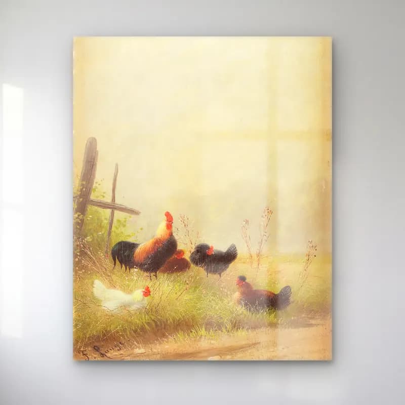 Chicken by the roadside – Fritz Lange (German, 1877-1961) cam tablo — Chicken by the roadside – Fritz Lange (German, 1877-1961) — vintage horoz