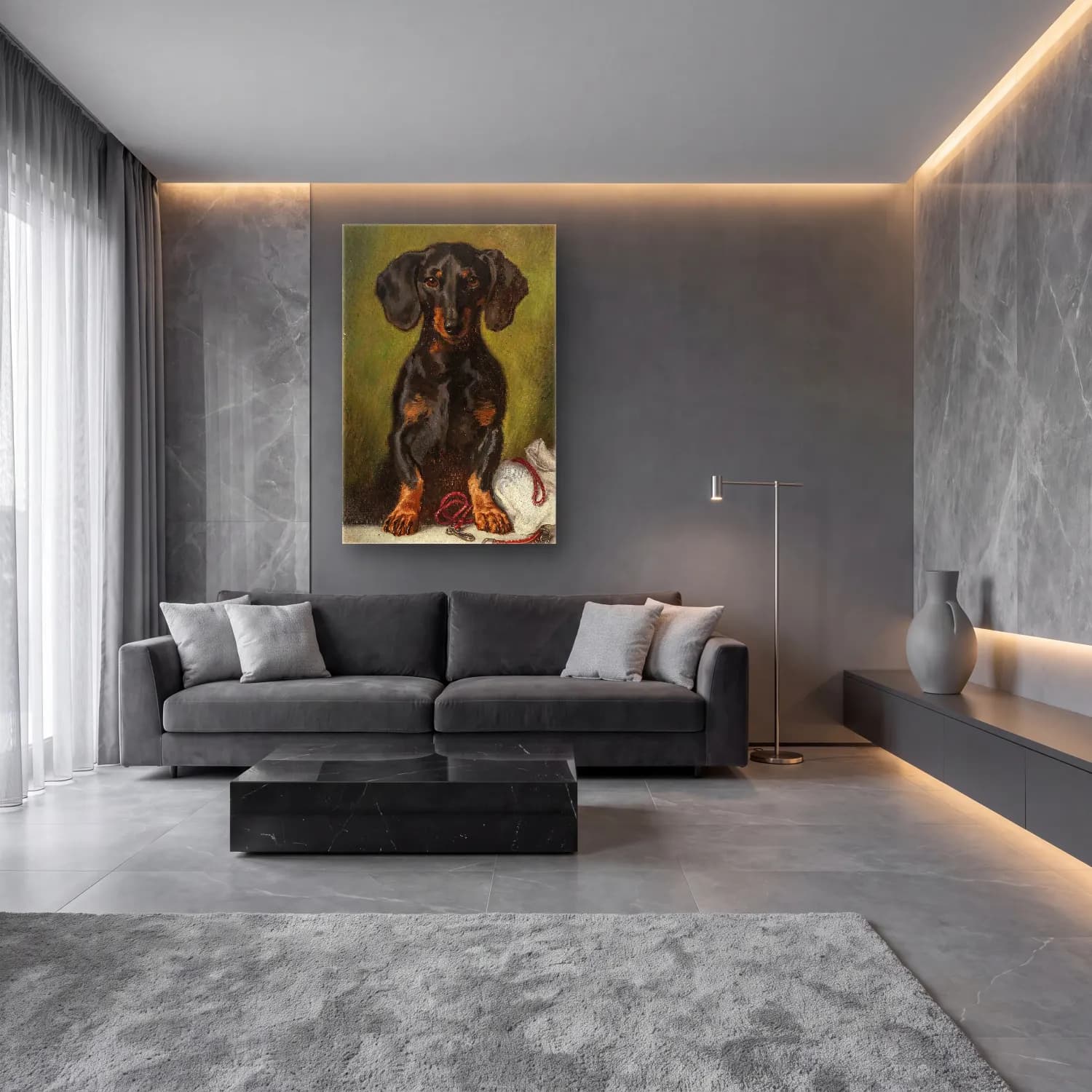 Yağlı Boya Köpek No. 12 cam tablo — lüks salon duvarında