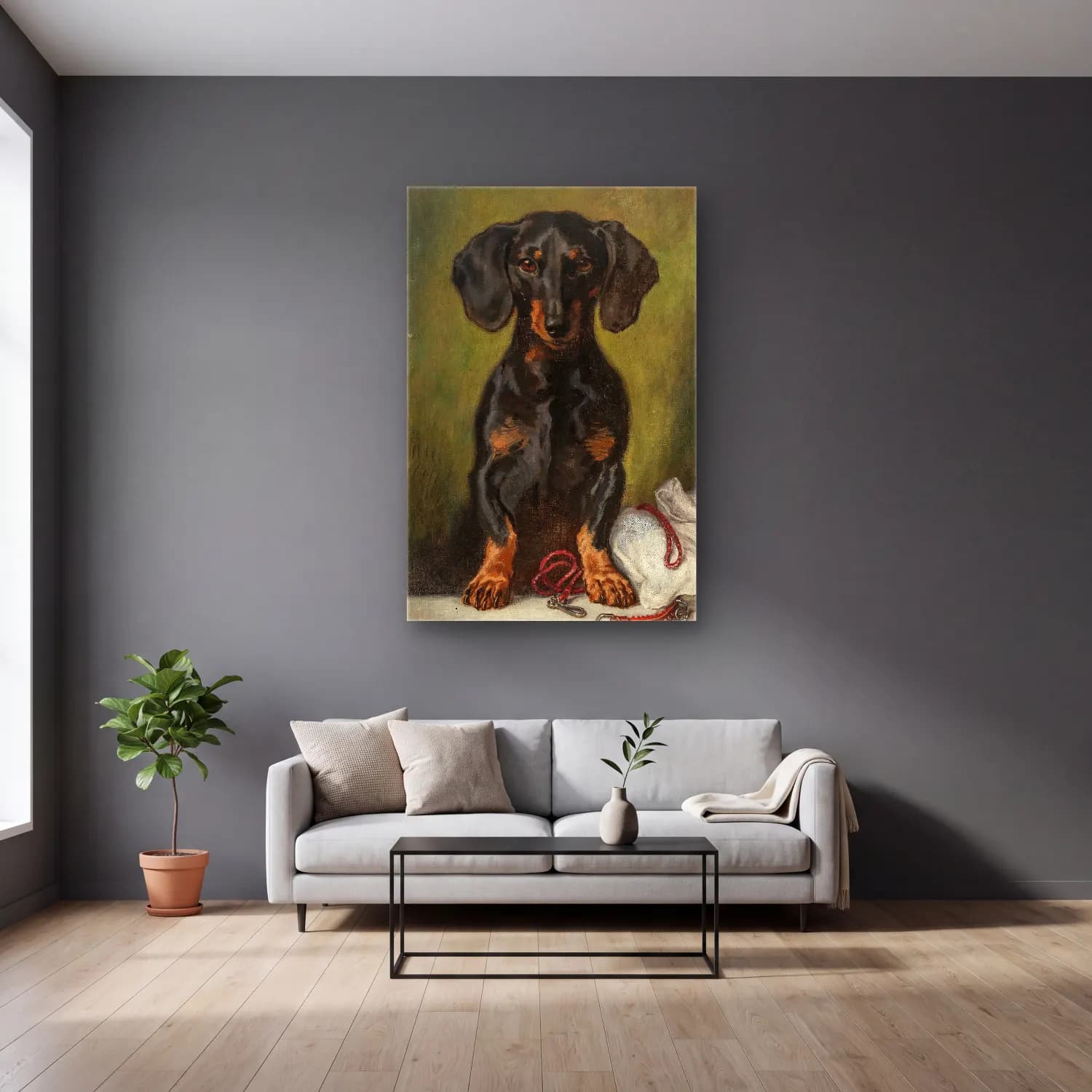 Yağlı Boya Köpek No. 12 cam tablo — gri duvarlı salonda