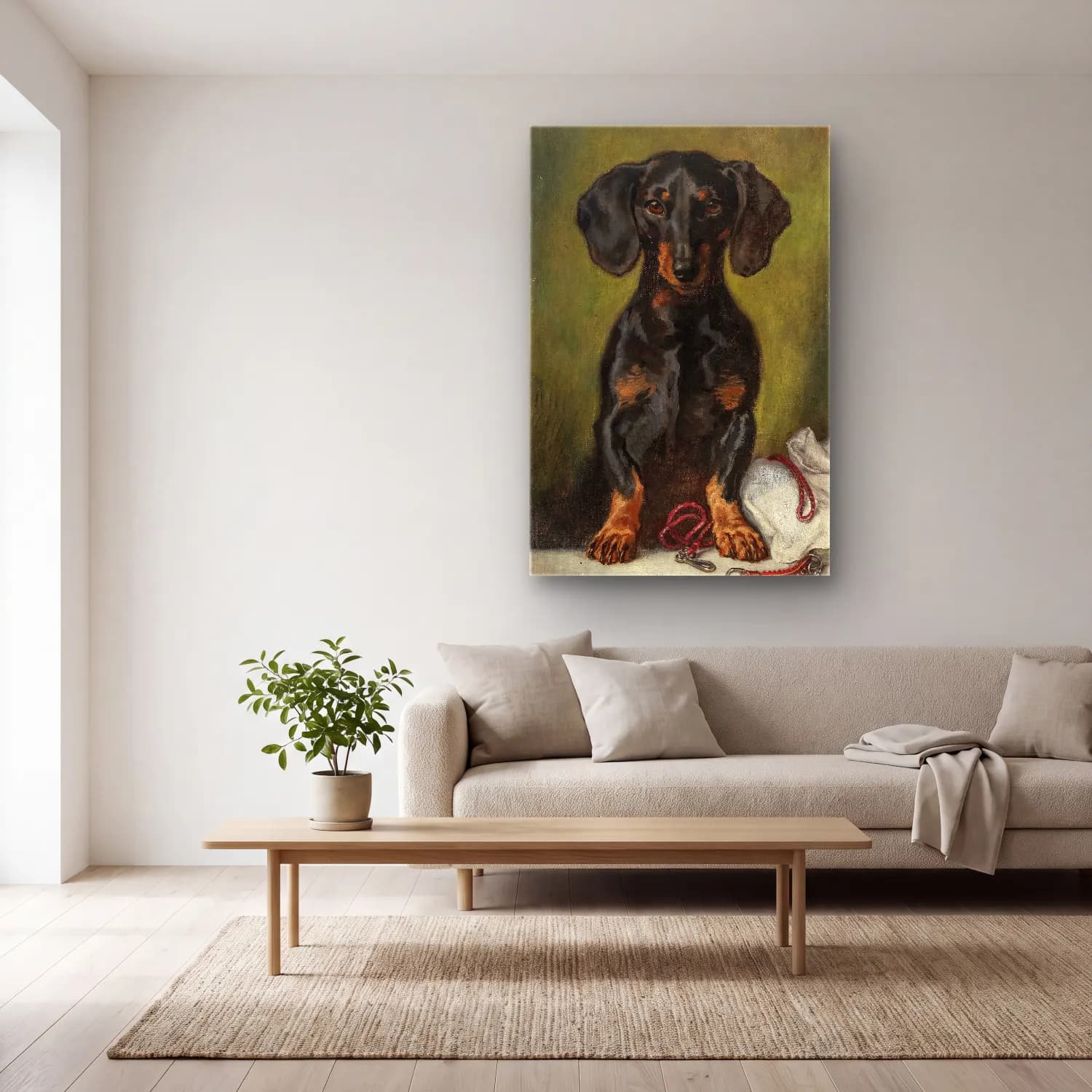 Yağlı Boya Köpek No. 12 cam tablo — açık renk salonda
