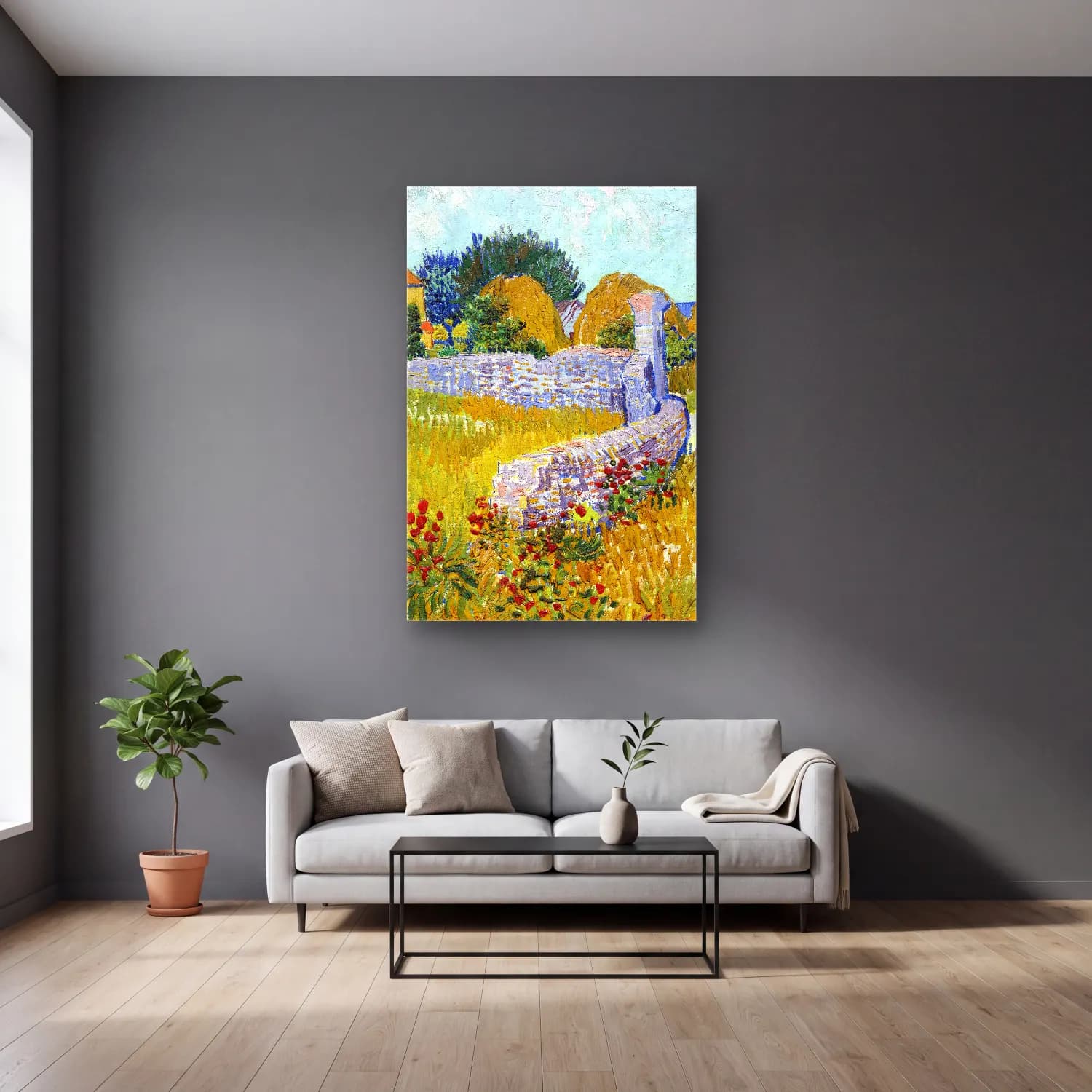 Vincent van Gogh – Farmhouse in Provence cam tablo — gri duvarlı salonda