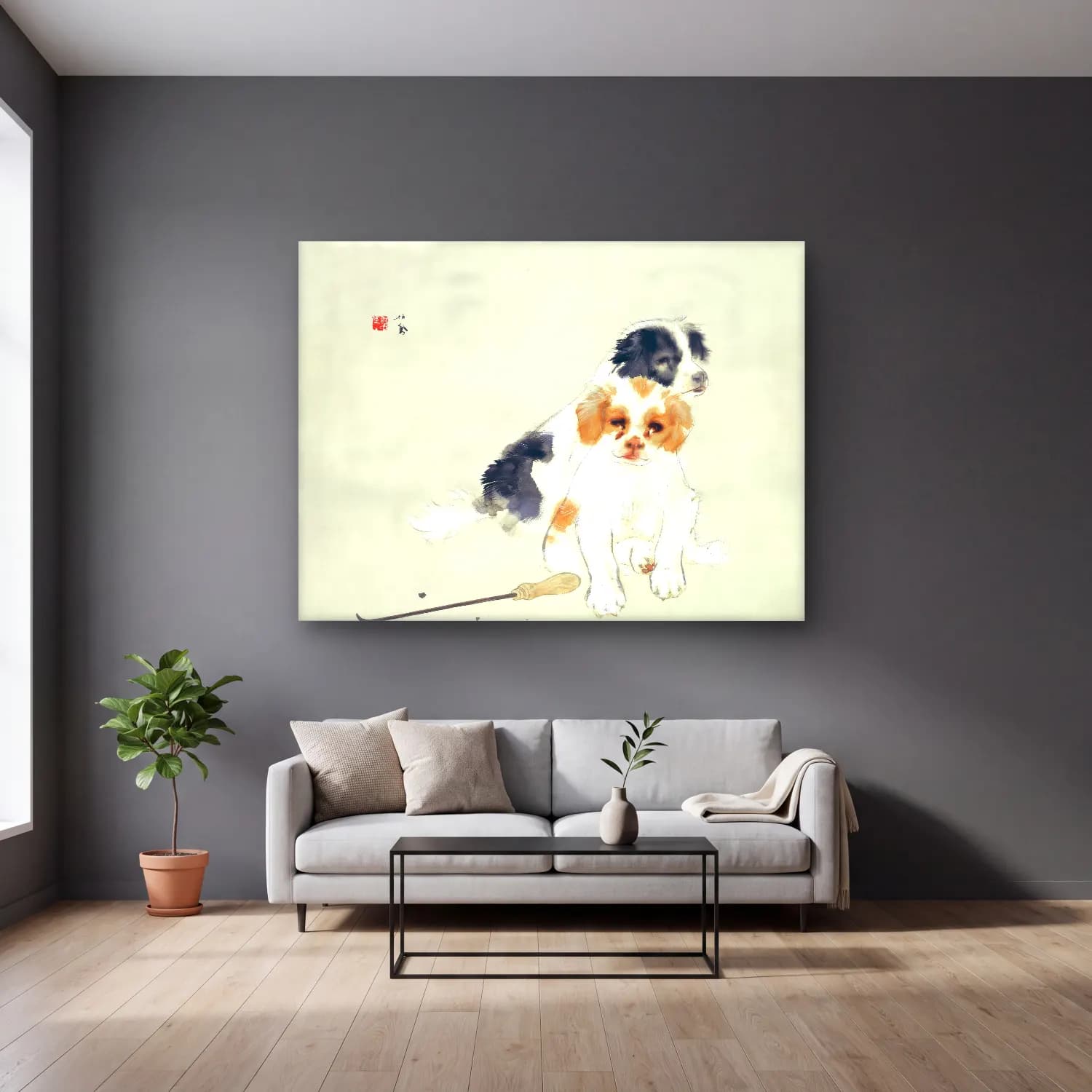 Suluboya Köpek – Siyah Beyaz Tonlar cam tablo — gri duvarlı salonda