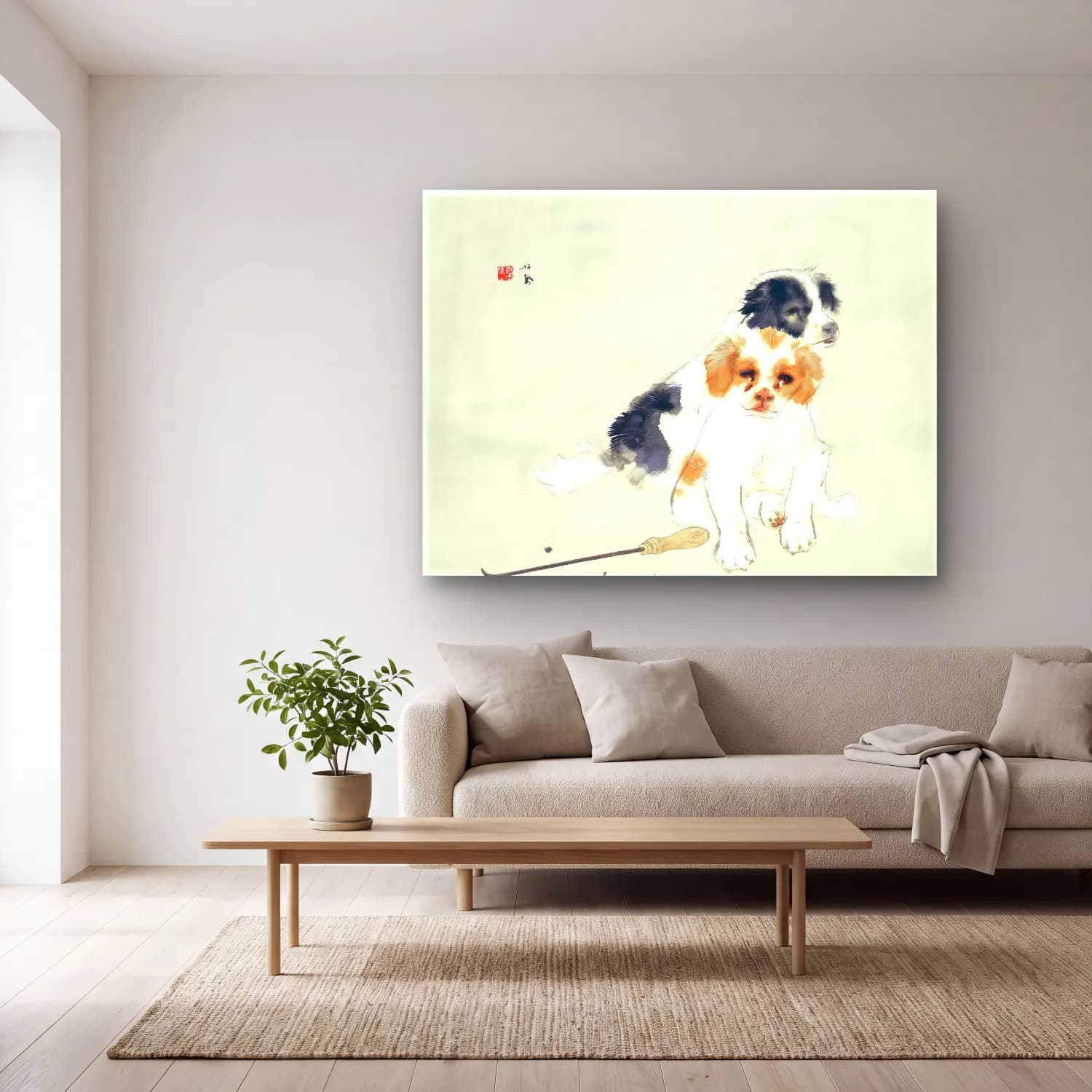 Suluboya Köpek – Siyah Beyaz Tonlar cam tablo — açık renk salonda