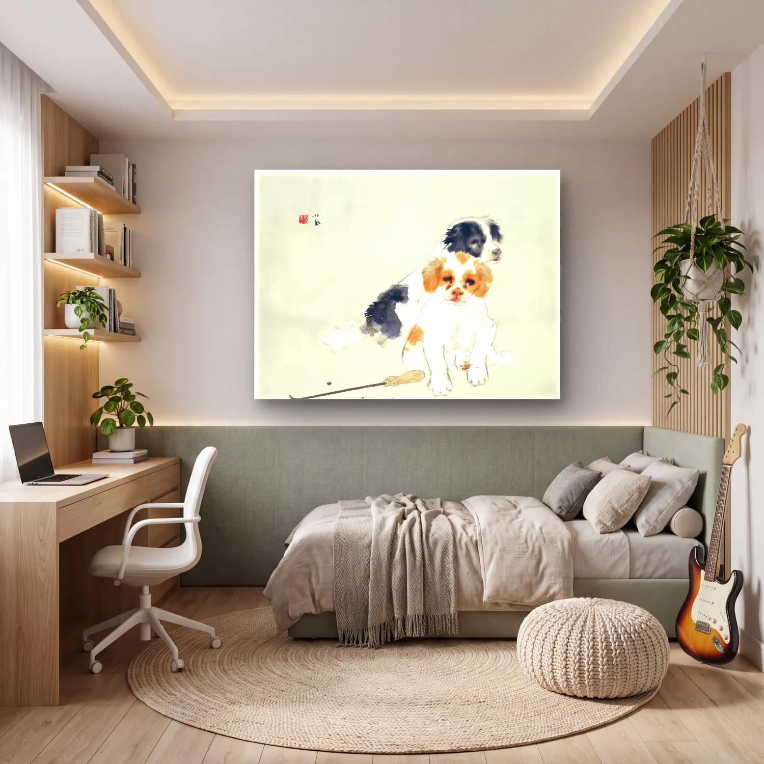 Suluboya Köpek – Siyah Beyaz Tonlar cam tablo — genç odasında