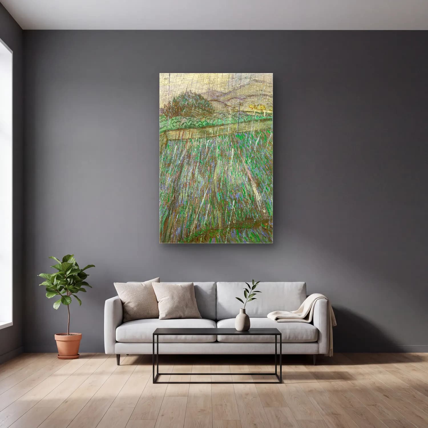 Vincent van Gogh – Rain cam tablo — gri duvarlı salonda