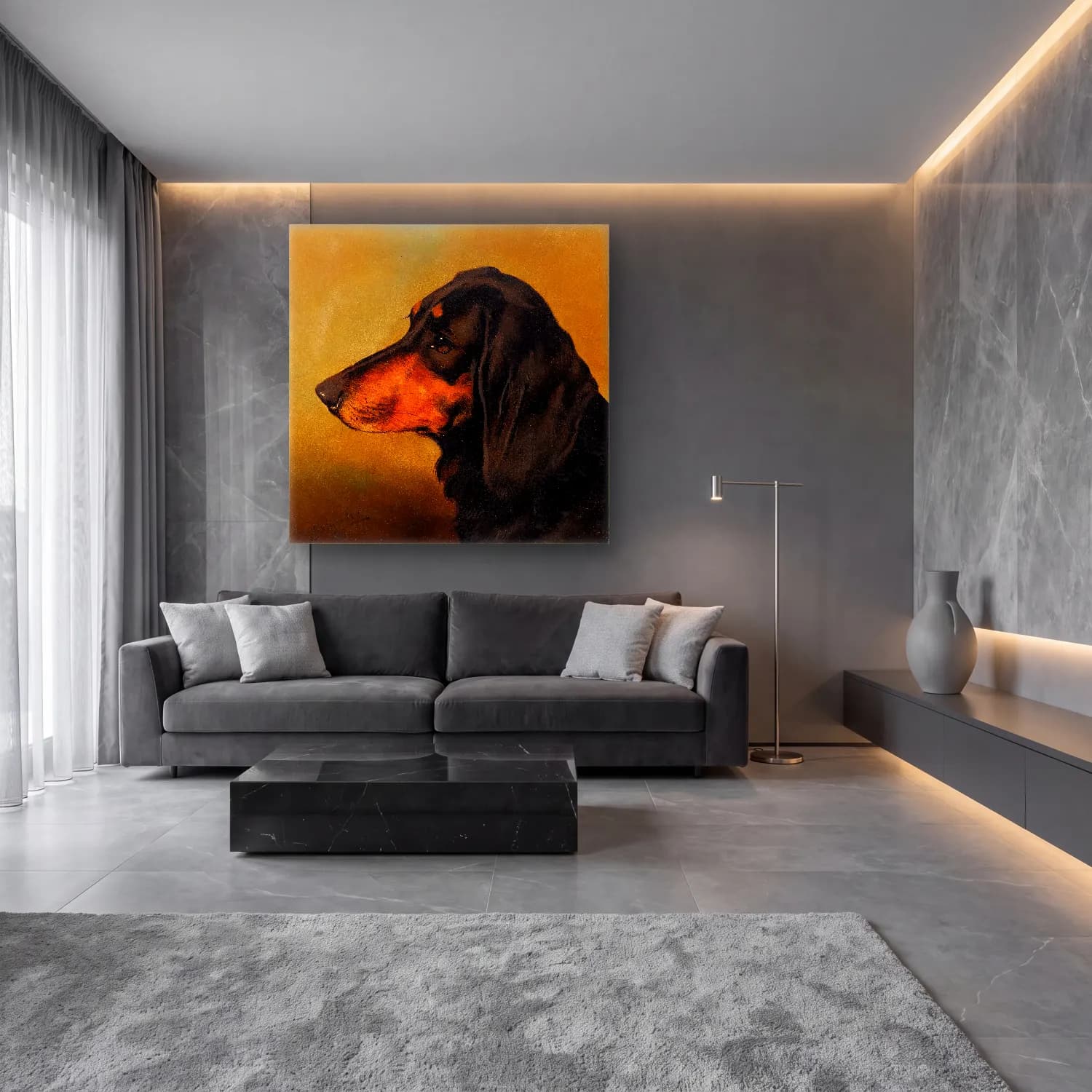 Yağlı Boya Köpek – Turuncu Tonlar cam tablo — lüks salon duvarında