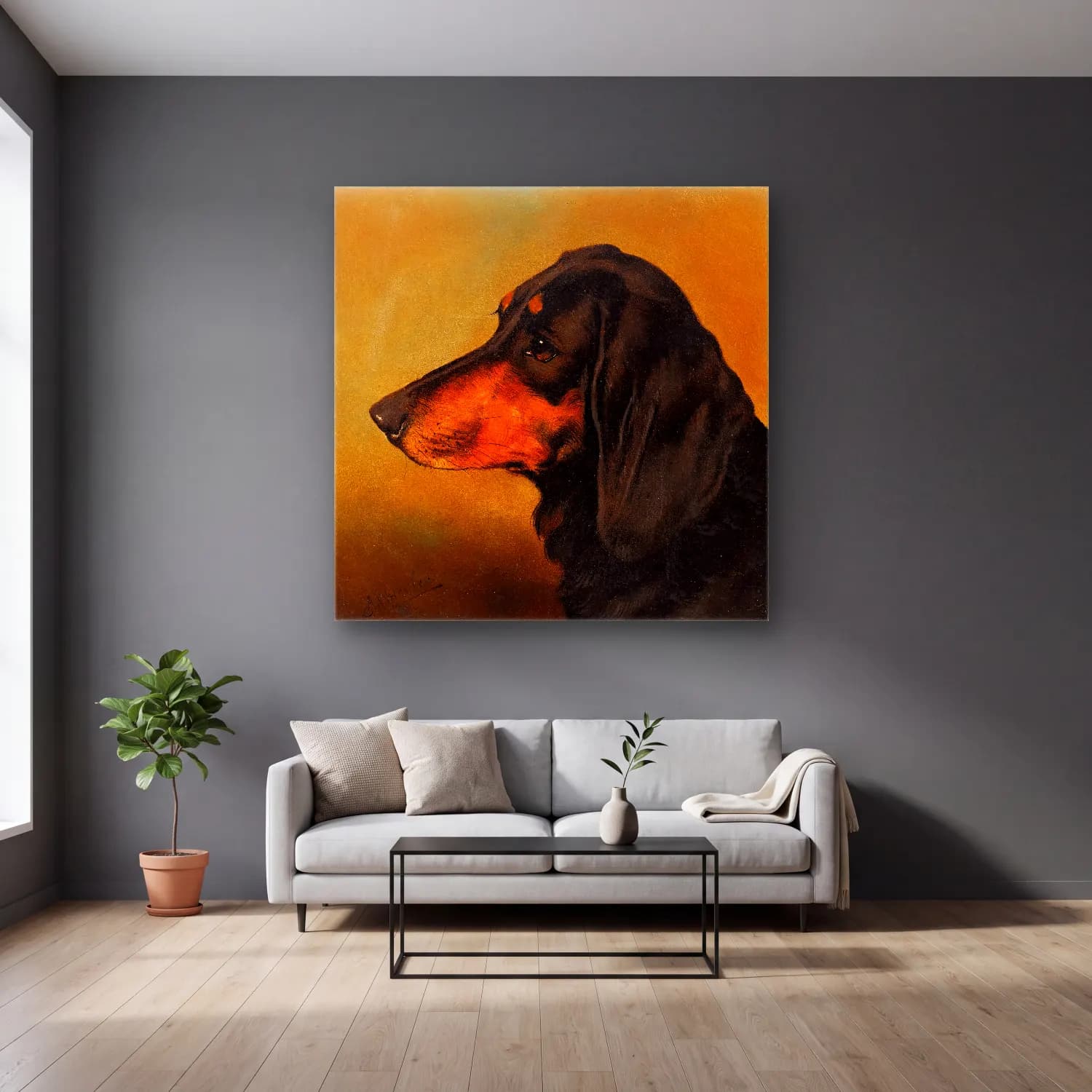 Yağlı Boya Köpek – Turuncu Tonlar cam tablo — gri duvarlı salonda