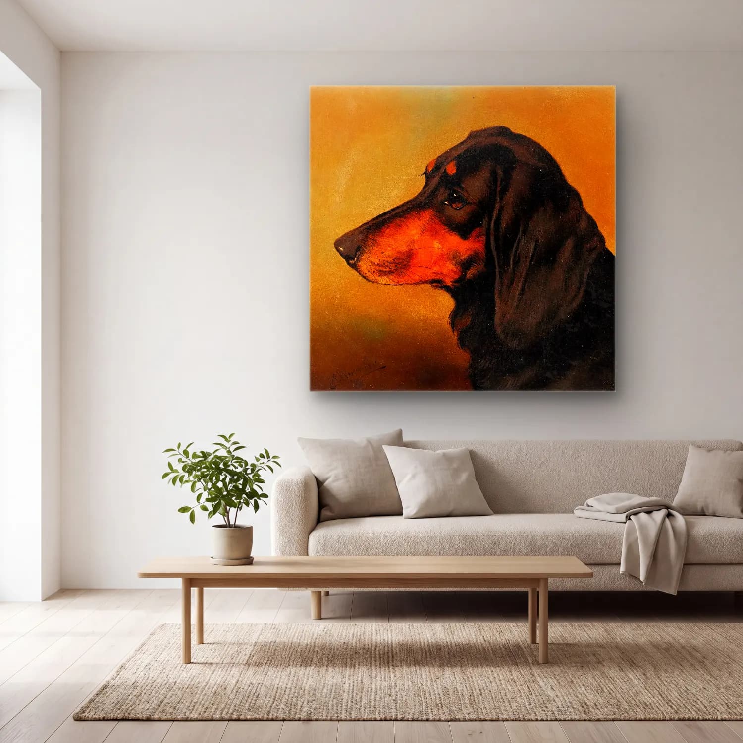 Yağlı Boya Köpek – Turuncu Tonlar cam tablo — açık renk salonda
