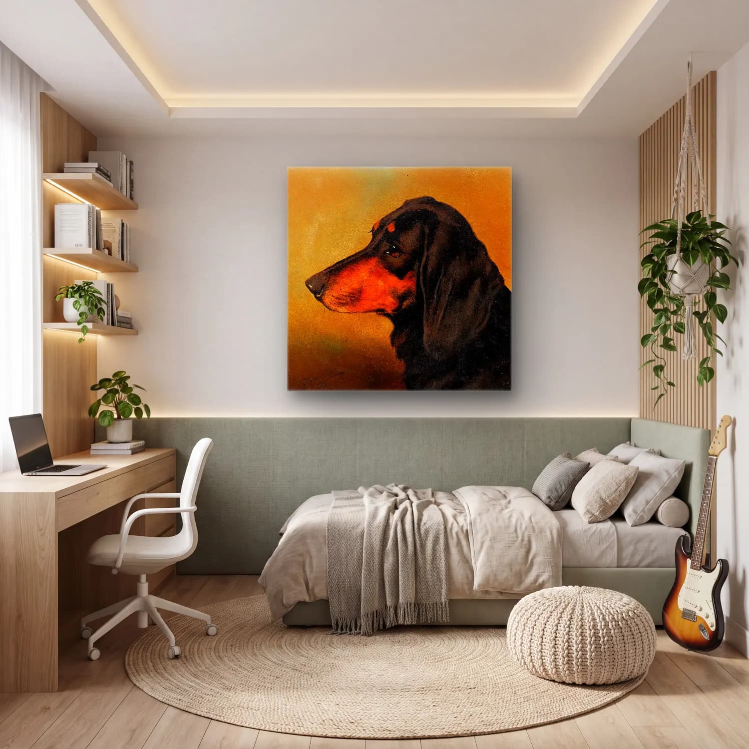 Yağlı Boya Köpek – Turuncu Tonlar cam tablo — genç odasında