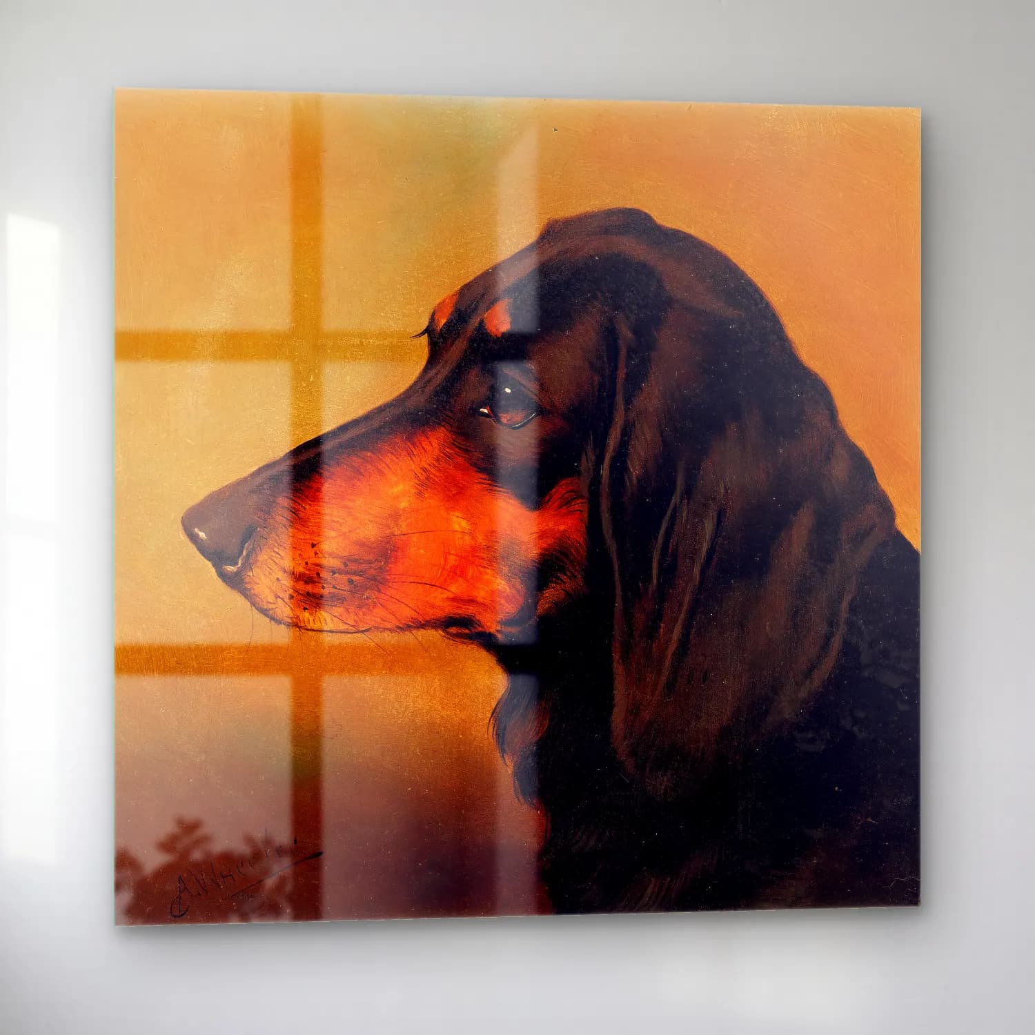 Yağlı Boya Köpek – Turuncu Tonlar cam tablo — sol açıdan görünüm