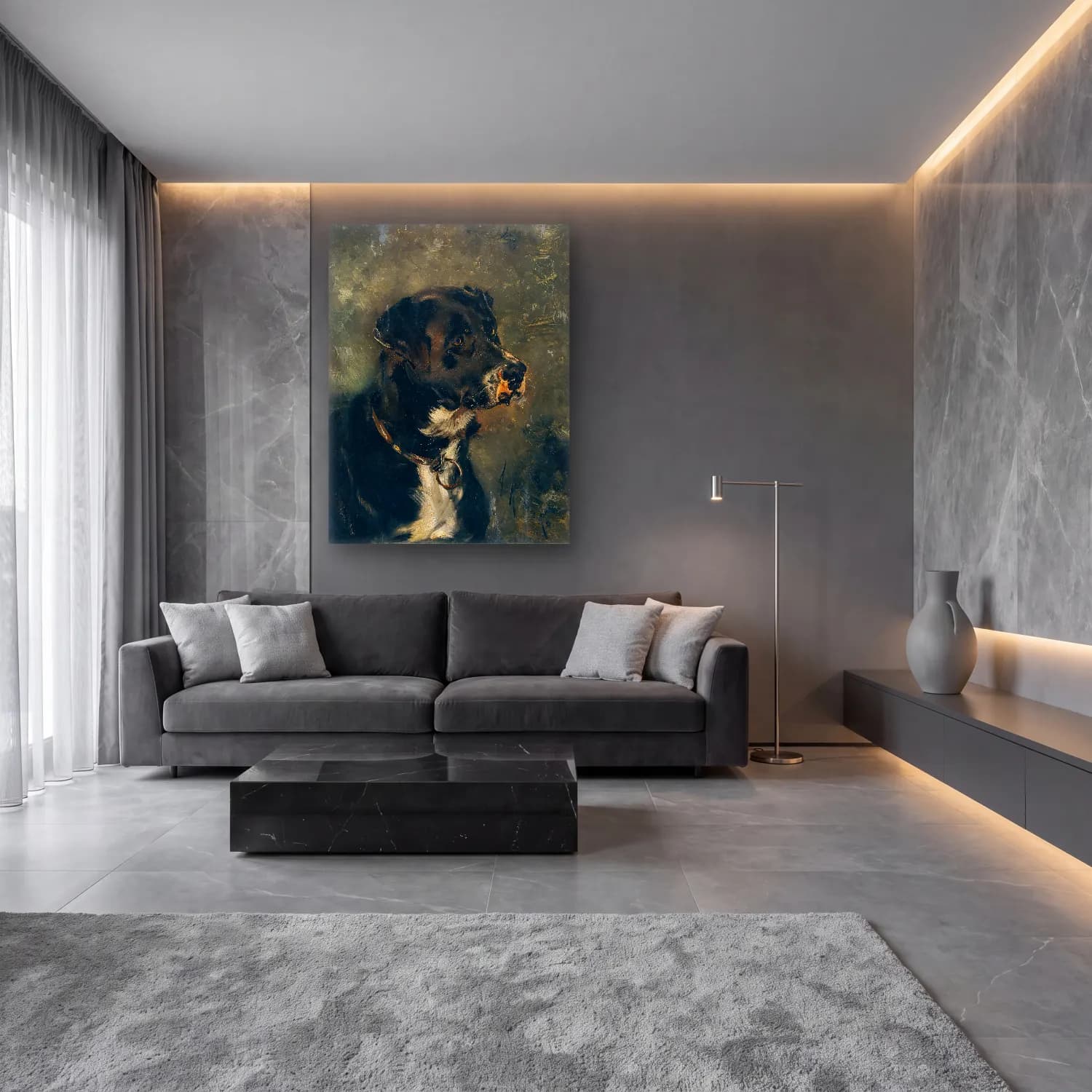 Yağlı Boya Köpek No. 16 cam tablo — lüks salon duvarında