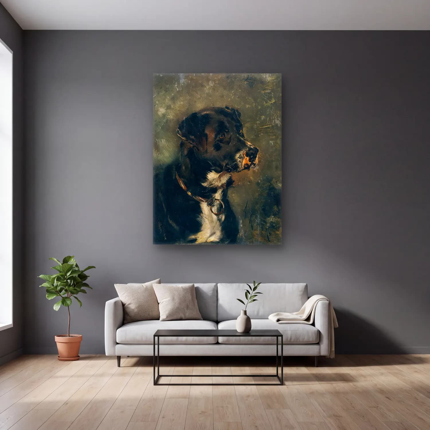 Yağlı Boya Köpek No. 16 cam tablo — gri duvarlı salonda