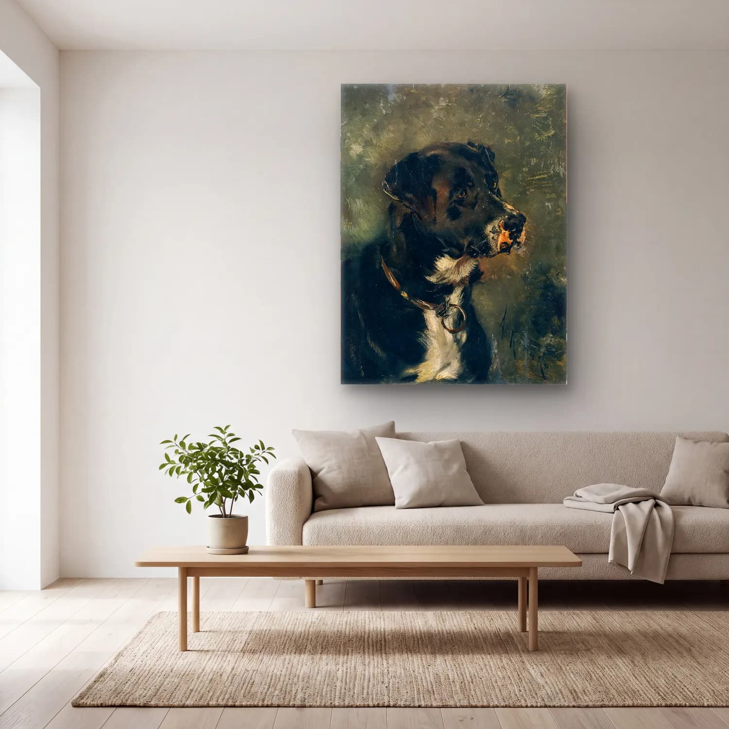 Yağlı Boya Köpek No. 16 cam tablo — açık renk salonda