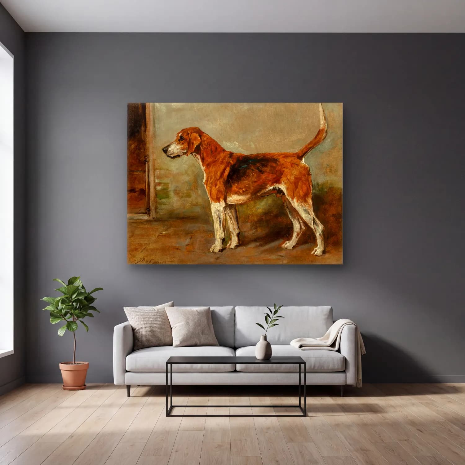 Yağlı Boya Köpek No. 18 cam tablo — gri duvarlı salonda