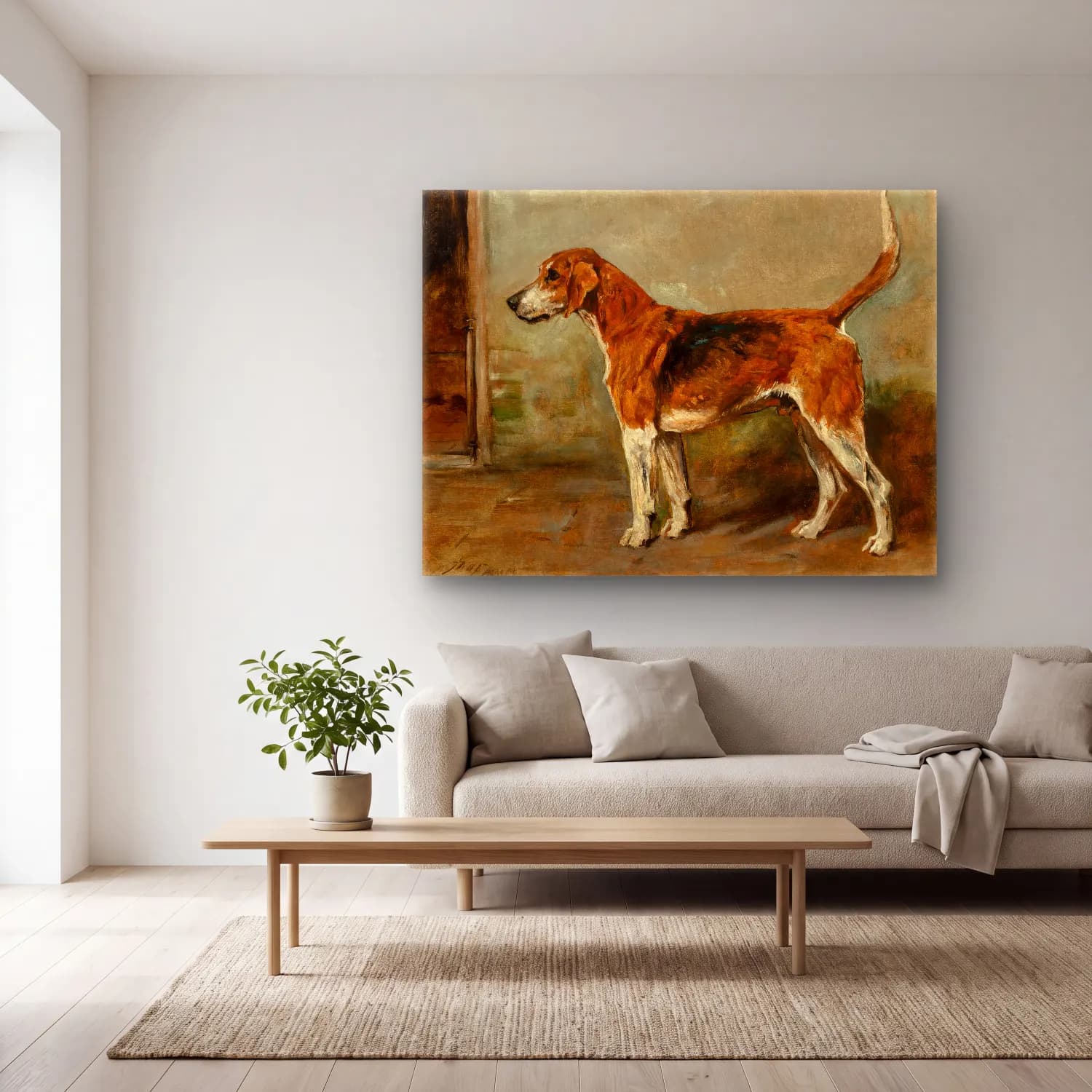 Yağlı Boya Köpek No. 18 cam tablo — açık renk salonda
