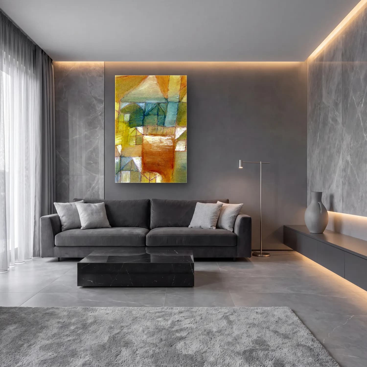 Paul Klee – Fasçsade brown-green cam tablo — lüks salon duvarında