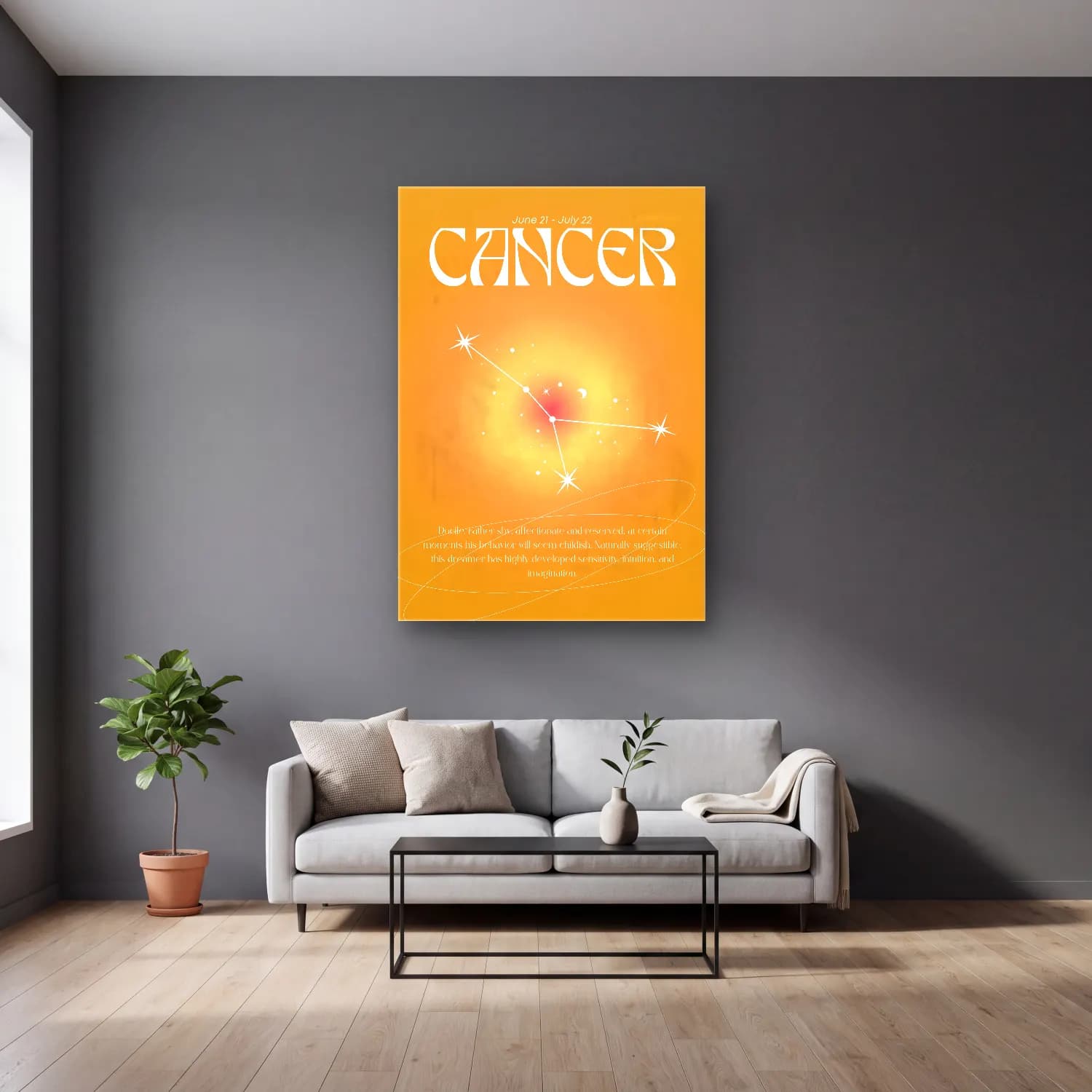 Vintage Poster Yazılı Tasarım No. 8 cam tablo — gri duvarlı salonda