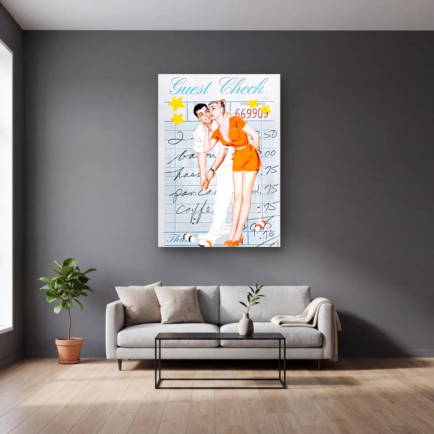 Vintage Poster Aşıklar – Turuncu Tonlar cam tablo — gri duvarlı salonda