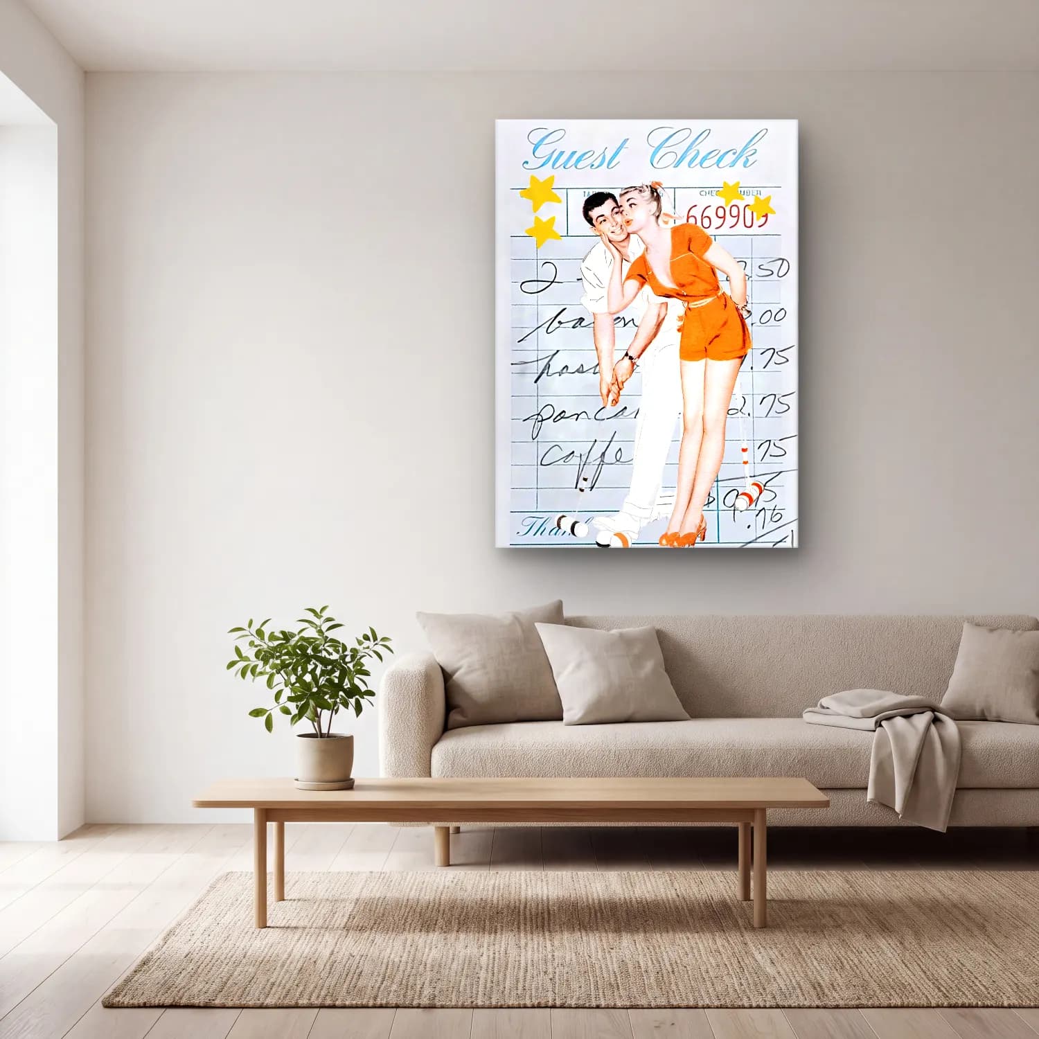 Vintage Poster Aşıklar – Turuncu Tonlar cam tablo — açık renk salonda