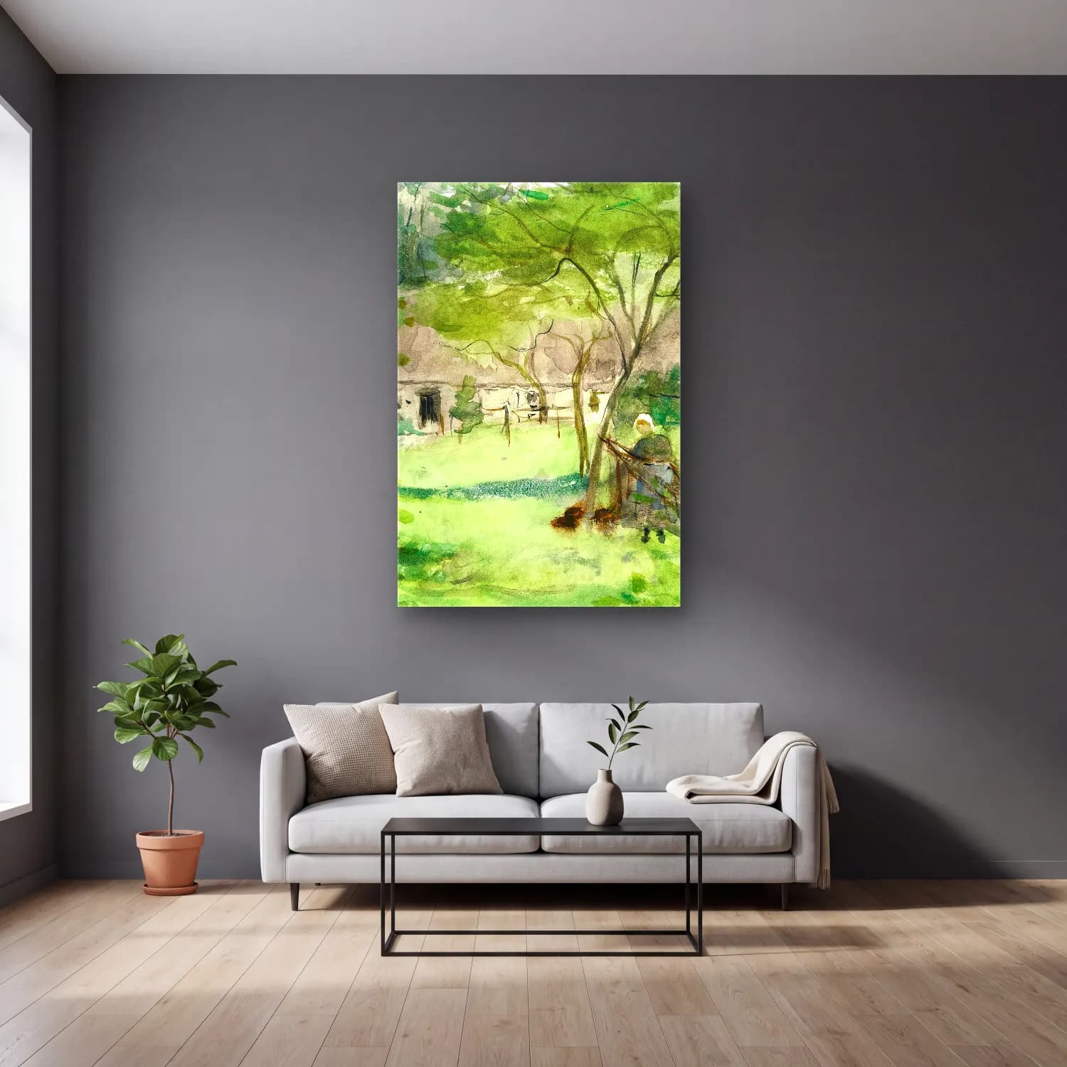 Berthe Morisot – Paysage cam tablo — gri duvarlı salonda