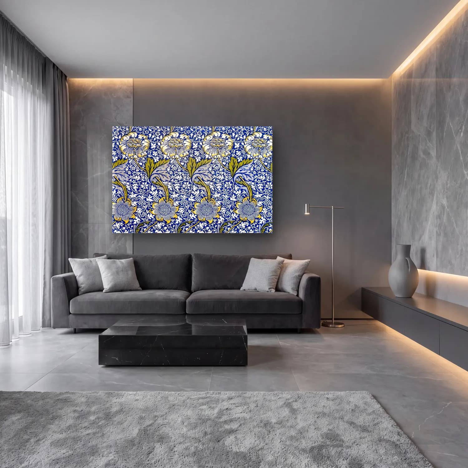 Maksimalist Çiçek Deseni No. 7 cam tablo — lüks salon duvarında