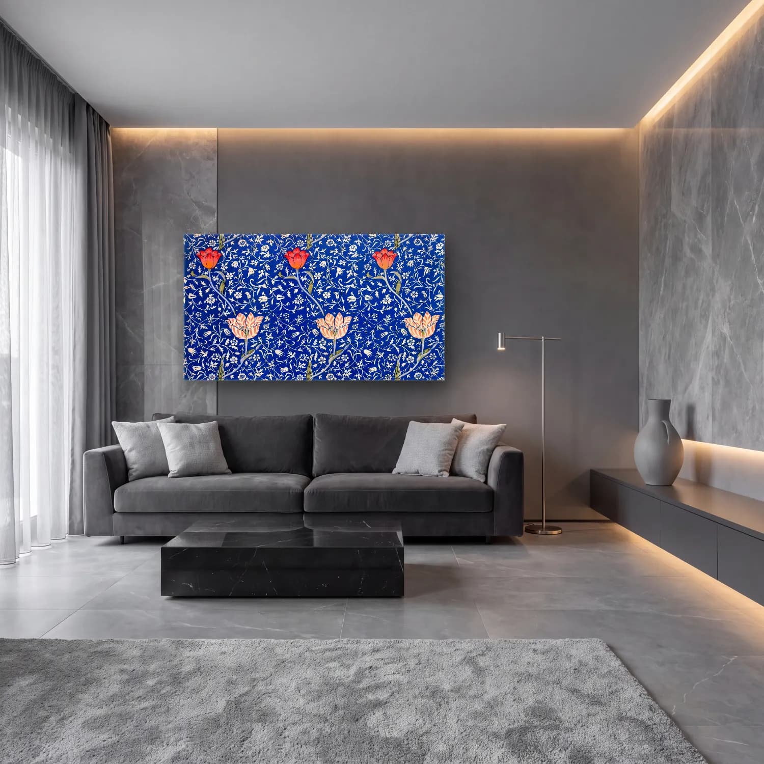 Maksimalist Çiçek Deseni No. 5 cam tablo — lüks salon duvarında
