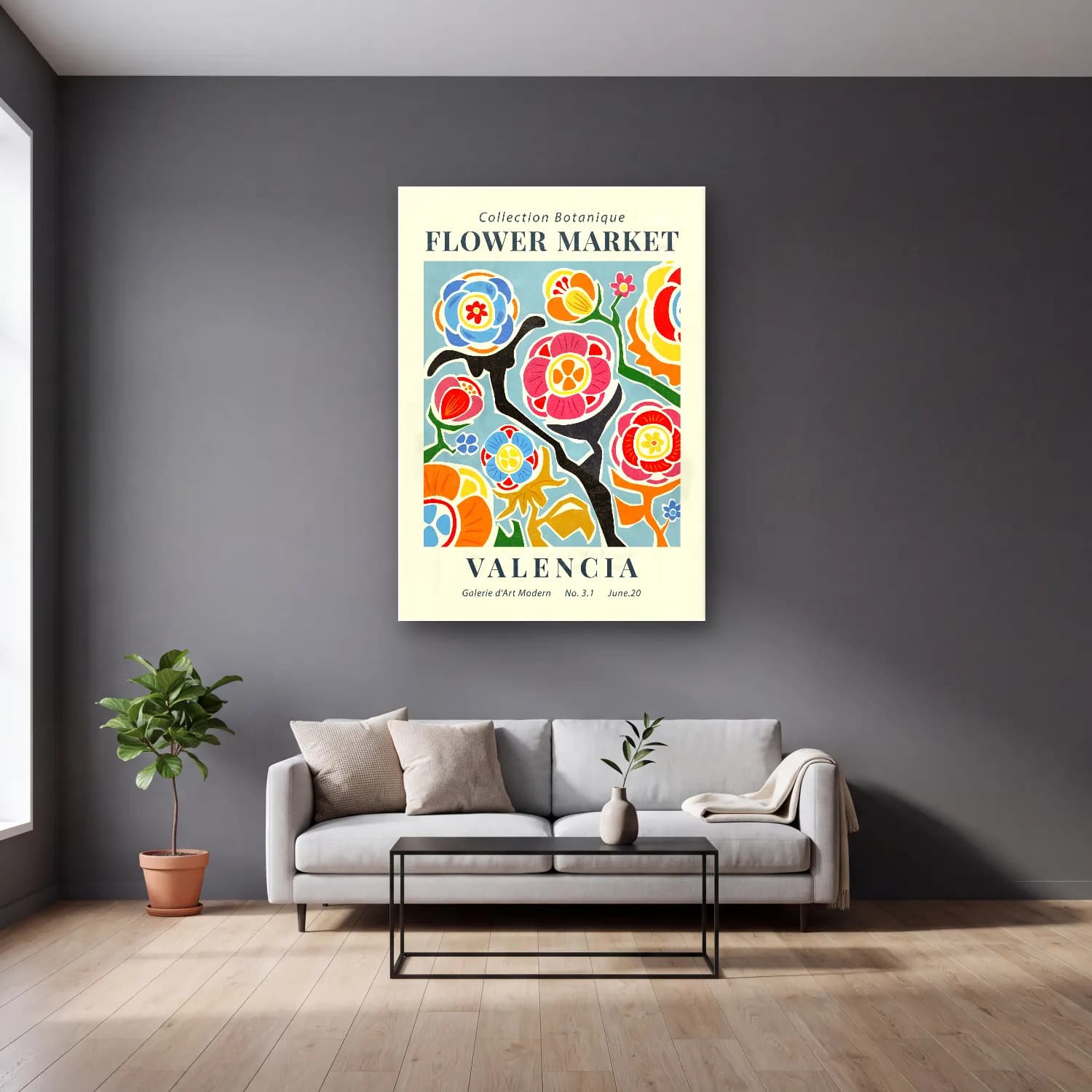 Vintage Poster Çiçek Pazarı – Turkuaz Tonlar cam tablo — gri duvarlı salonda