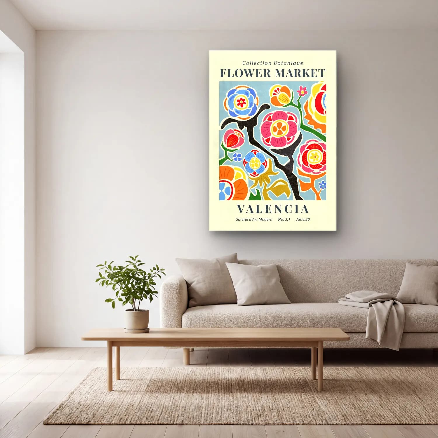 Vintage Poster Çiçek Pazarı – Turkuaz Tonlar cam tablo — açık renk salonda
