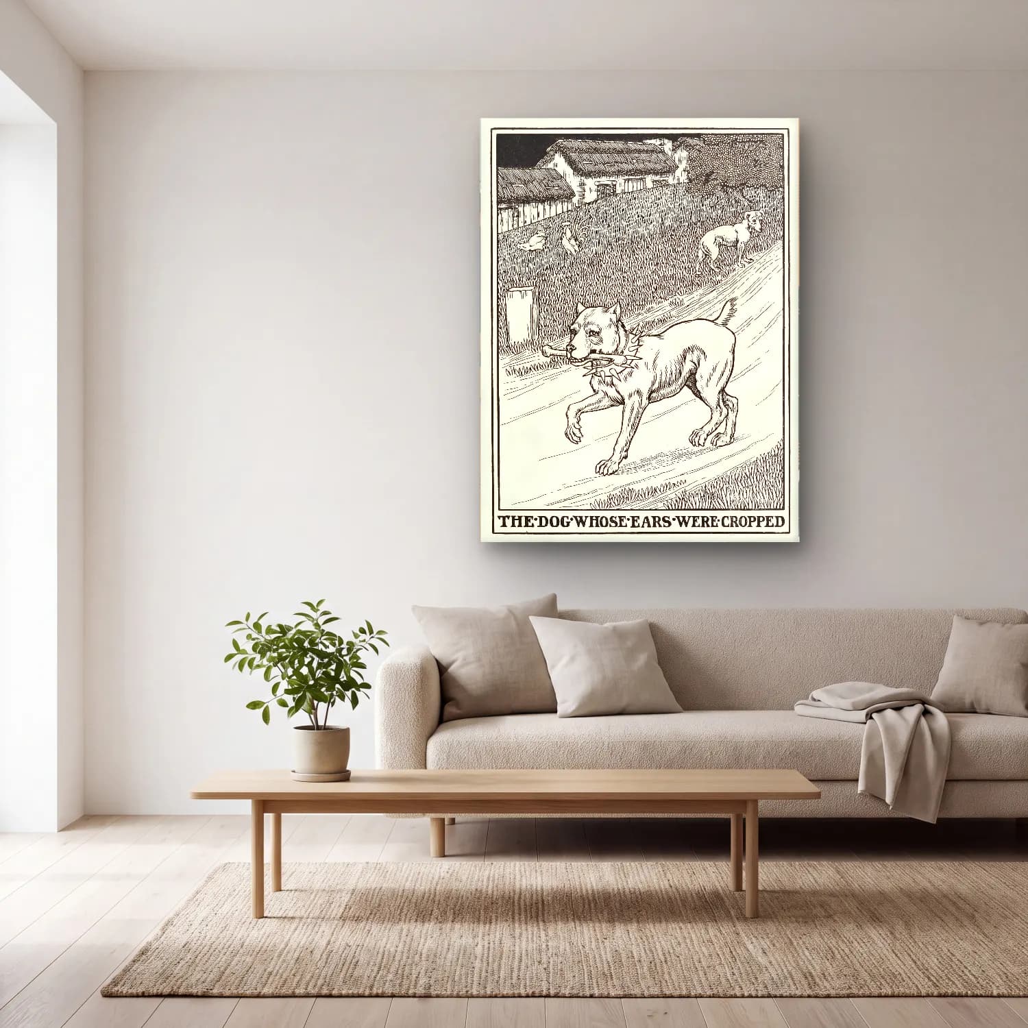 Vintage Köpek No. 6 cam tablo — açık renk salonda