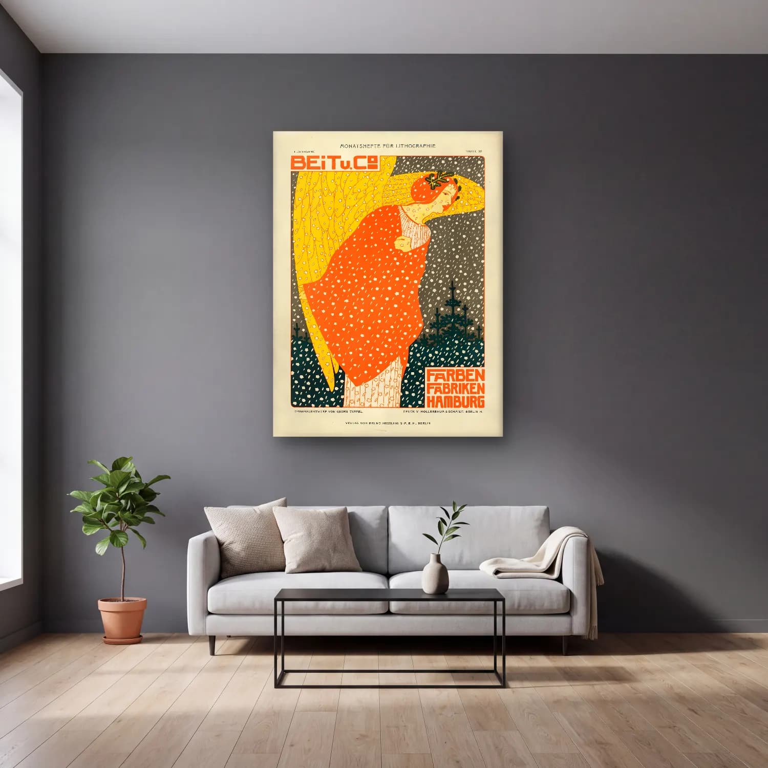 Vintage Poster Elbiseli Kadın No. 24 cam tablo — gri duvarlı salonda