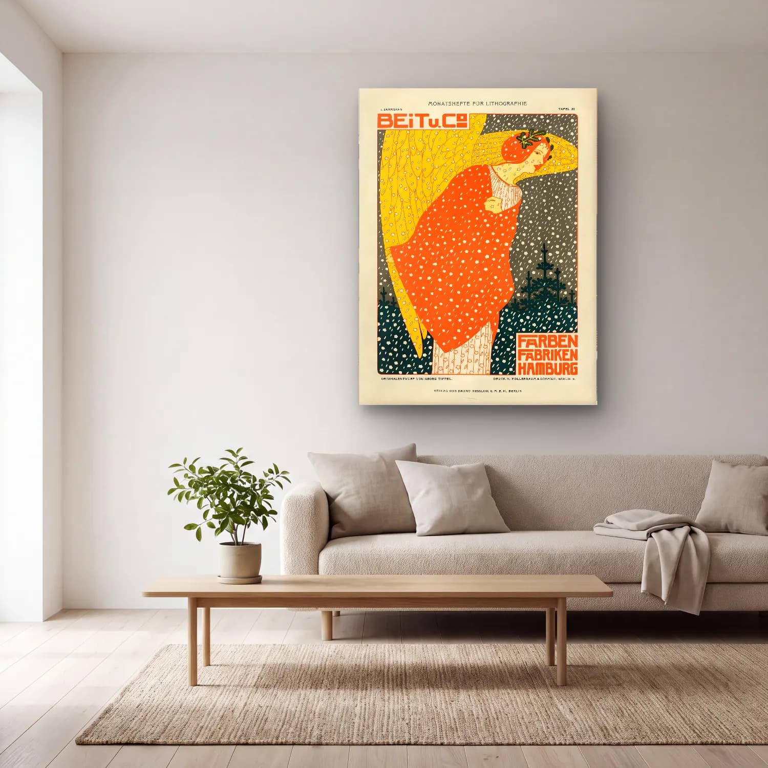 Vintage Poster Elbiseli Kadın No. 24 cam tablo — açık renk salonda