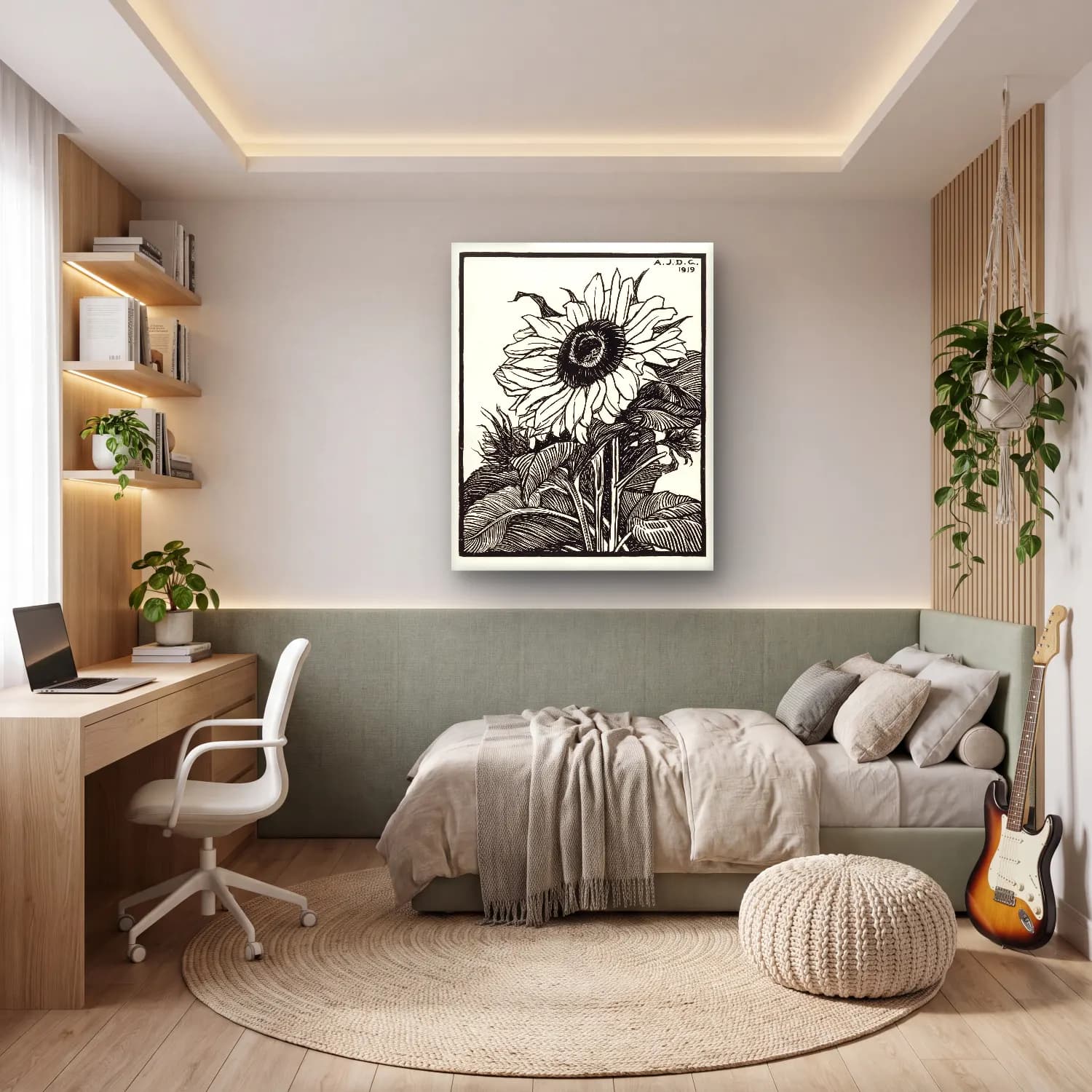 Siyah Beyaz Ayçiçekleri cam tablo — genç odasında