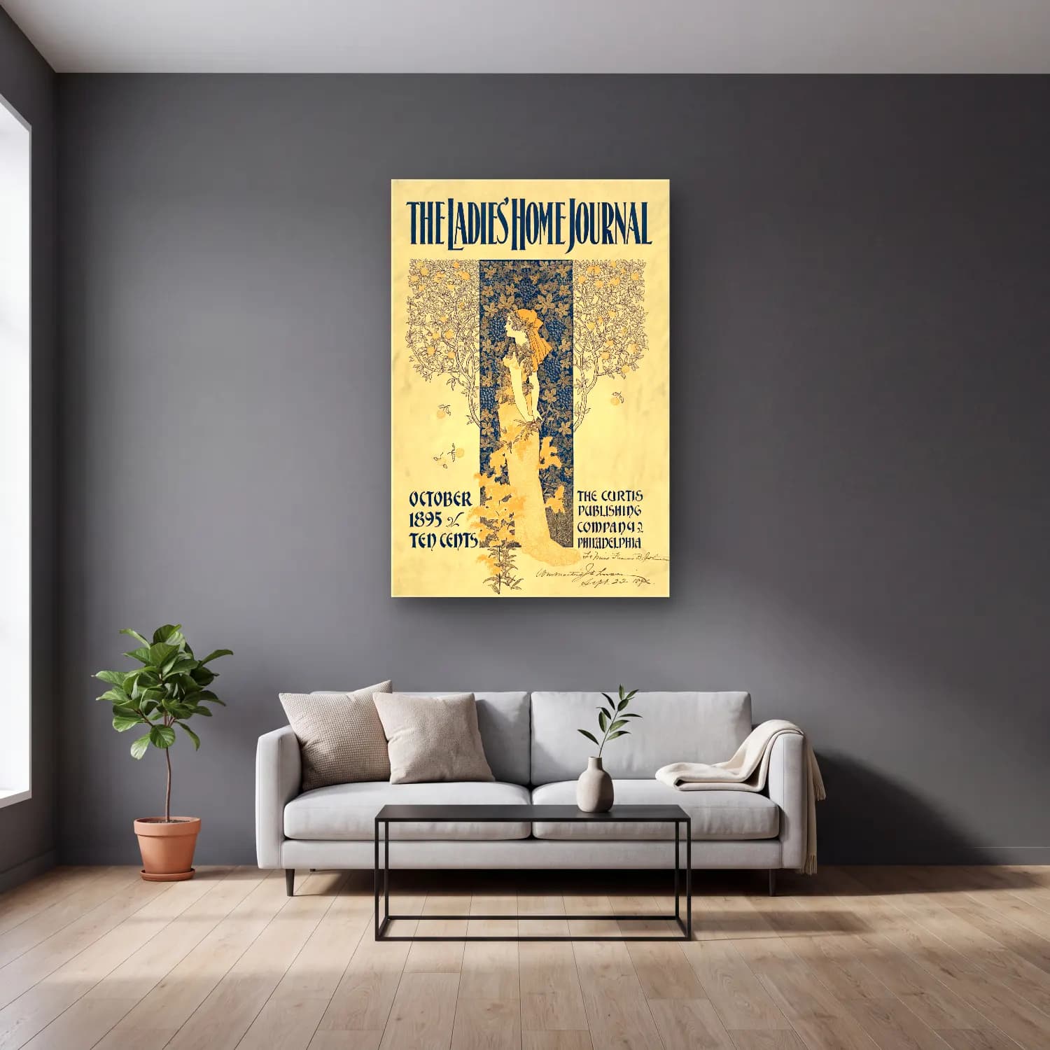 Vintage Poster Kitap Okuyan Kadın No. 14 cam tablo — gri duvarlı salonda