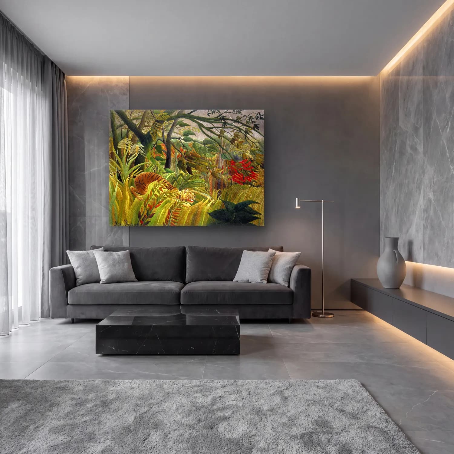 Yağlı Boya Kaplan – Yeşil Tonlar cam tablo — lüks salon duvarında