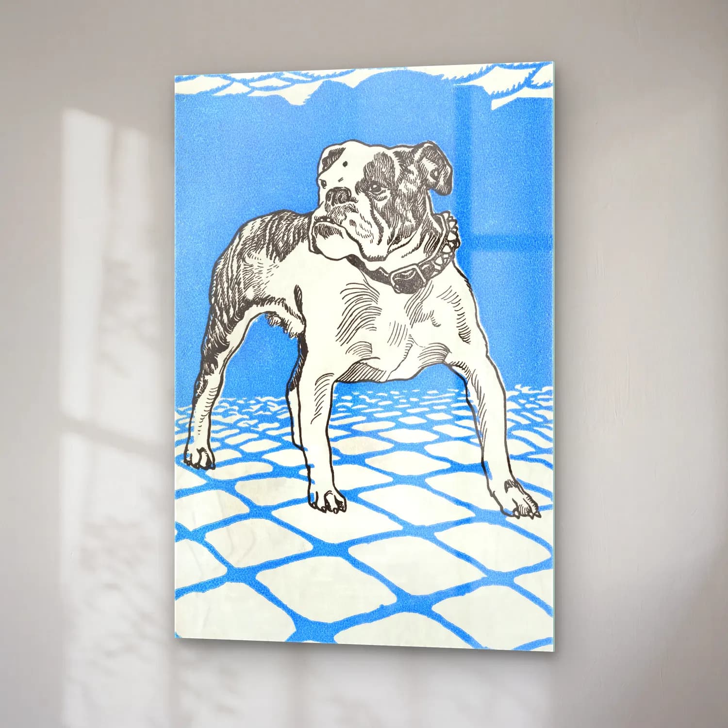 Vintage Köpek – Mavi Tonlar cam tablo — sağ açıdan görünüm