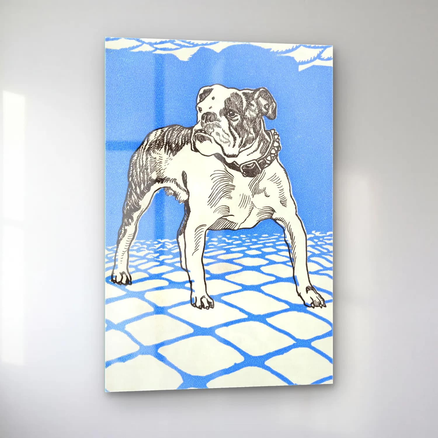 Vintage Köpek – Mavi Tonlar cam tablo — sol açıdan görünüm