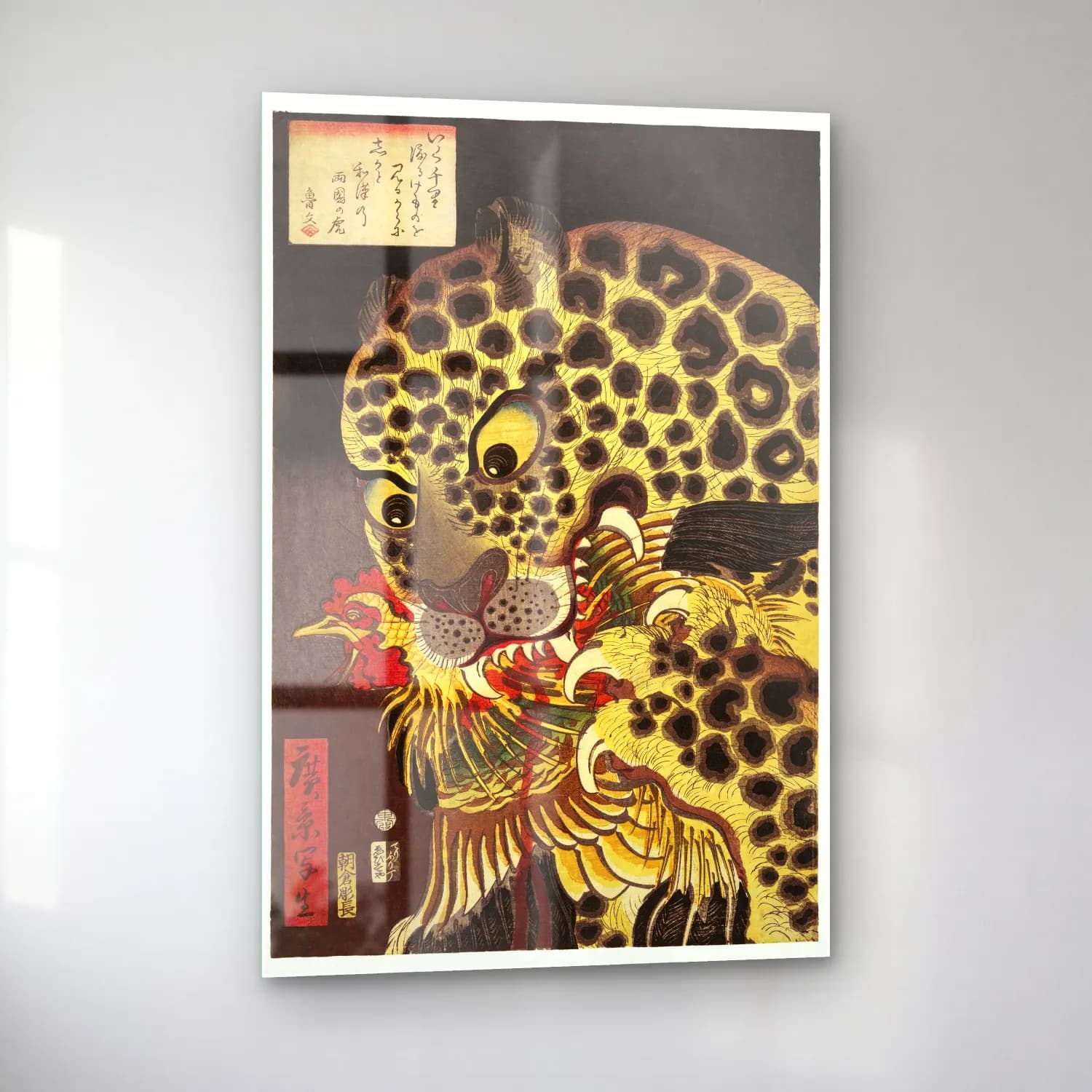 Japon Baskı Leopar – Siyah Beyaz Tonlar cam tablo — sol açıdan görünüm