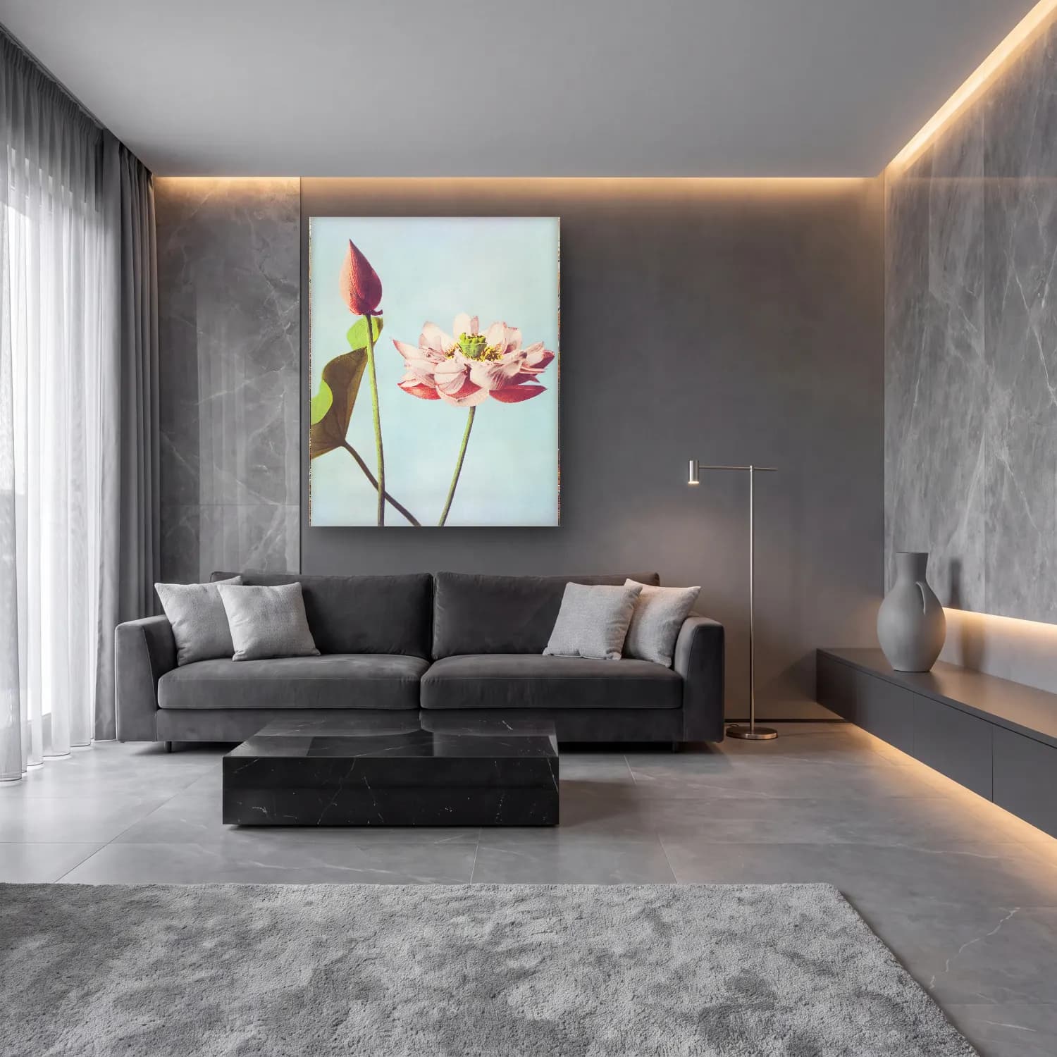 Botanik İllüstrasyon Lotus Çiçekleri No. 7 cam tablo — lüks salon duvarında
