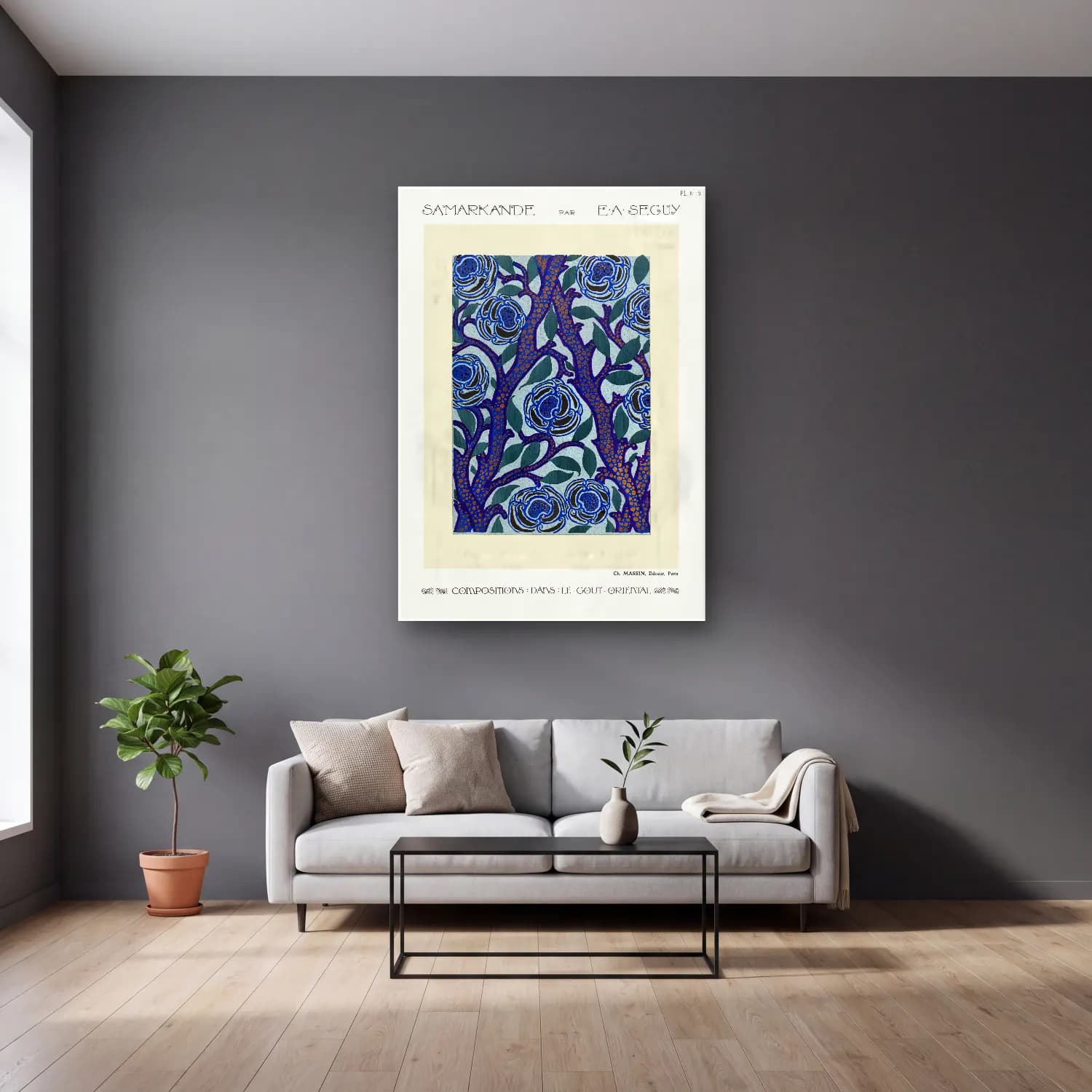 Boho Çiçek Deseni No. 28 cam tablo — gri duvarlı salonda