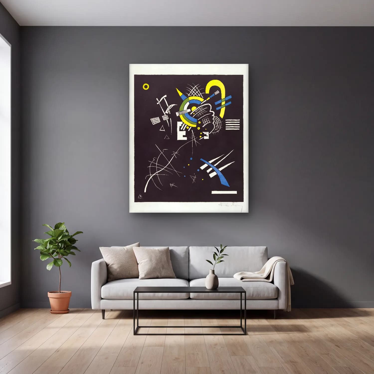 Bauhaus Soyut Formlar No. 36 cam tablo — gri duvarlı salonda