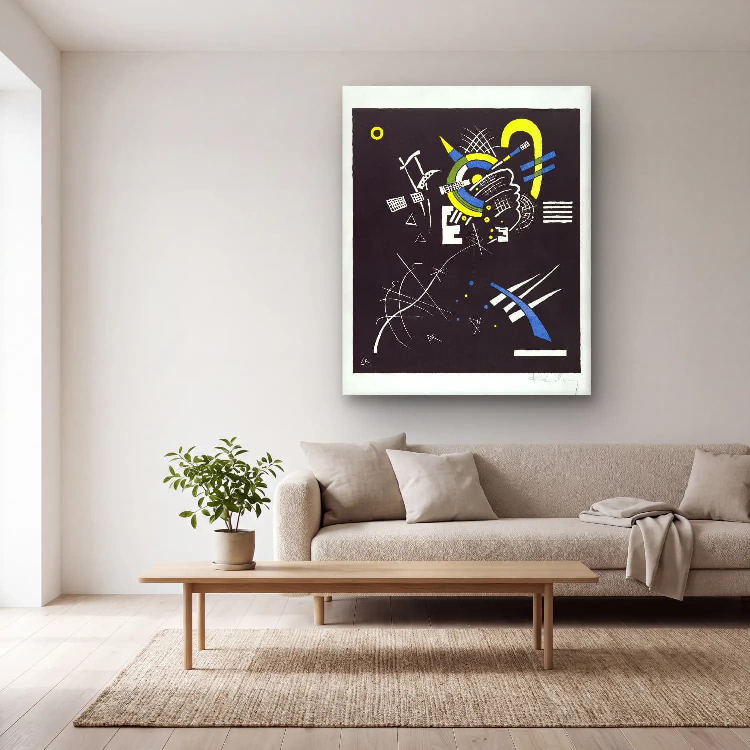 Bauhaus Soyut Formlar No. 36 cam tablo — açık renk salonda